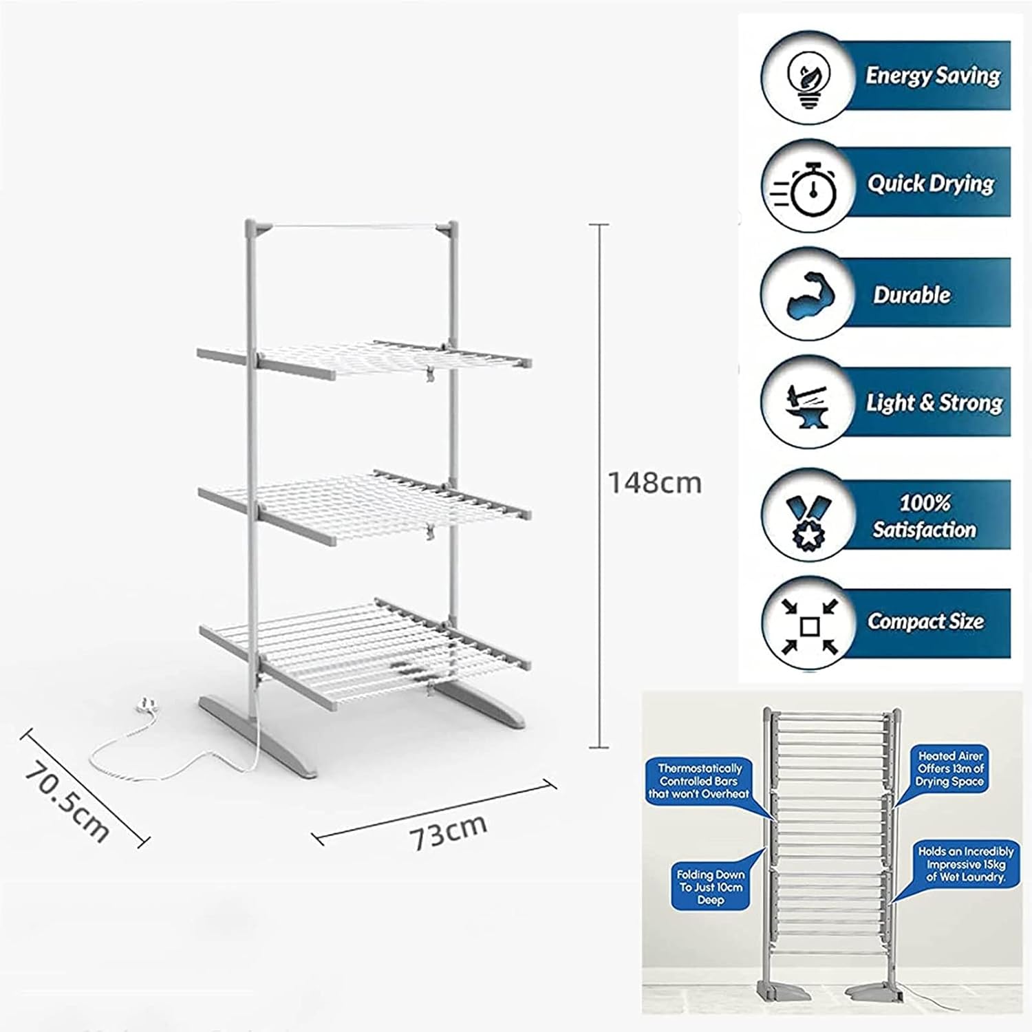 Electric Dryer Clothes Airer,3-Tier Foldable Heated Clothes Airer,Floor-Standing Clothes Drying Rack for Home Kitchen,Living Room,Bathroom,Laundry,300W Energy Efficient