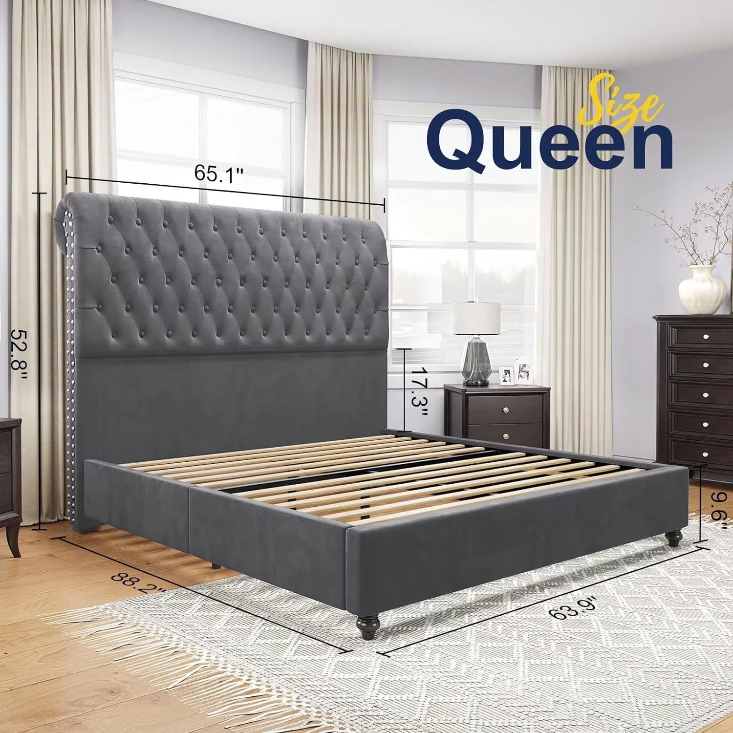 Jocisland Queen Bed Frame Sleigh Headboard Velvet Tufted Gray - Curated Treasures Market