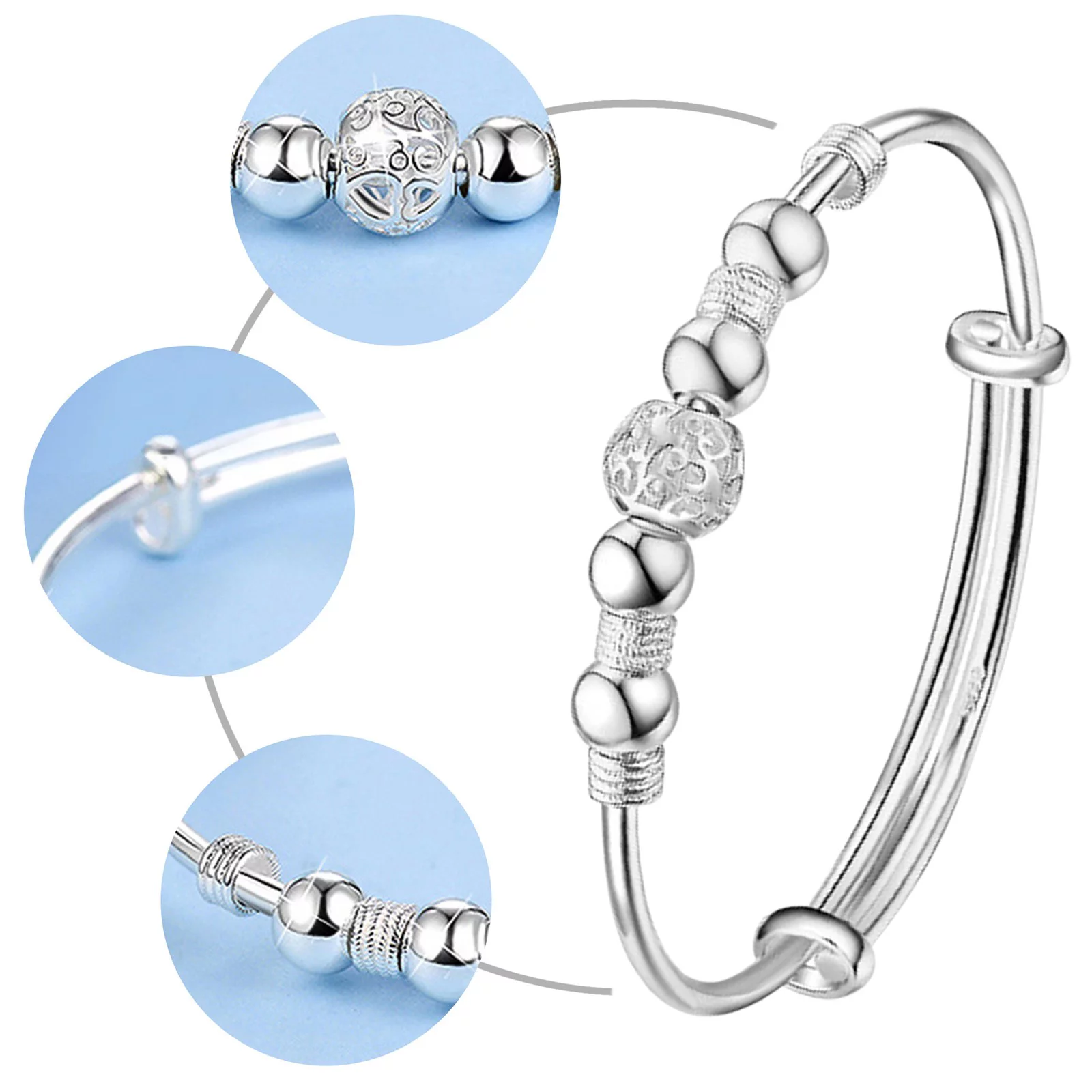 BOLUOYI Earrings for Women Sterling Graduation Gifts 1Pc Silver Beads Bracelet Silver Length Adjustable Bracelet Jewelry Charm Bracelet Turn Luck Bracelet Birthday Surprise Gift for Woman - Curated Treasures Market