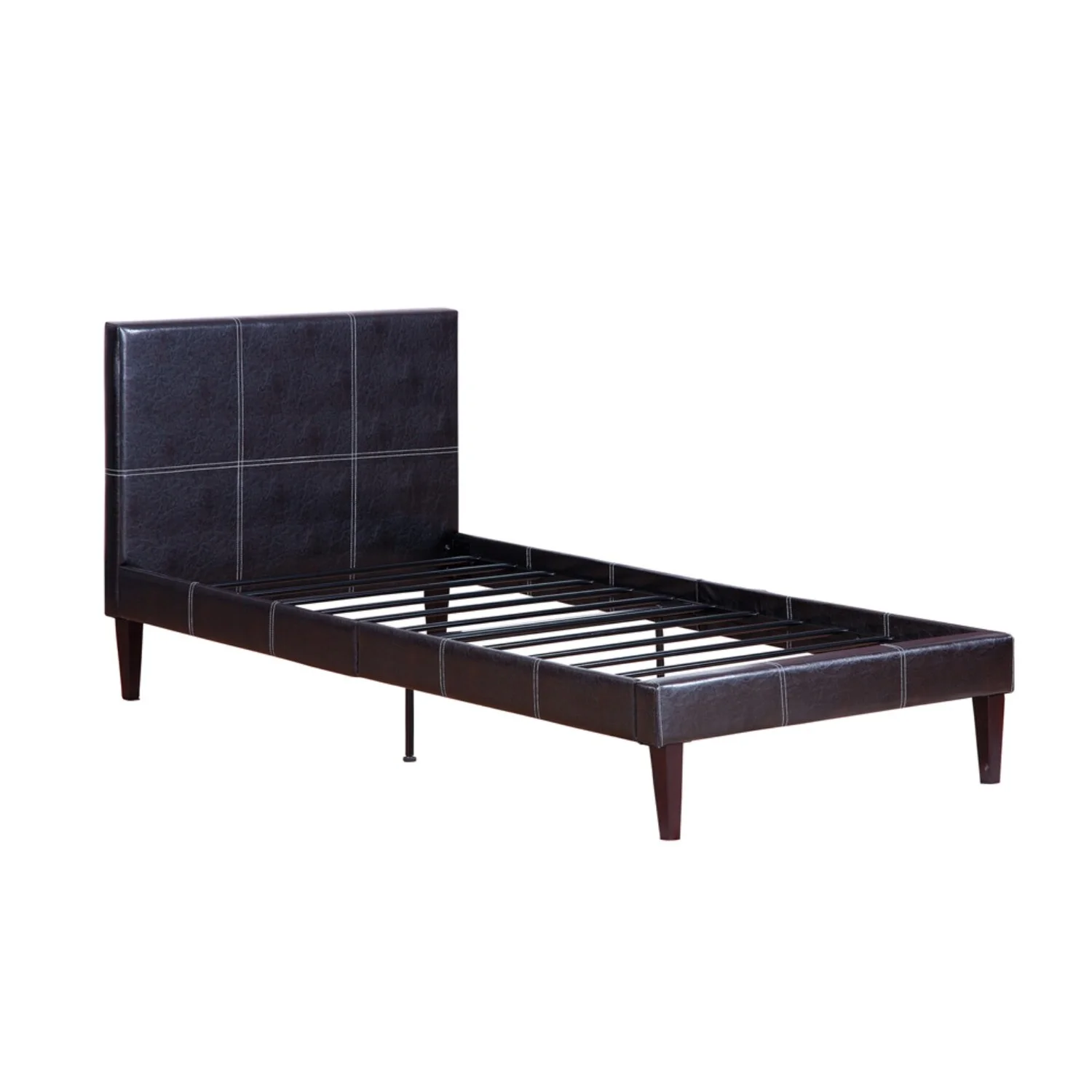 Enticing Twin Bed.Faux Leather With 12 Slats . Espresso.Brown