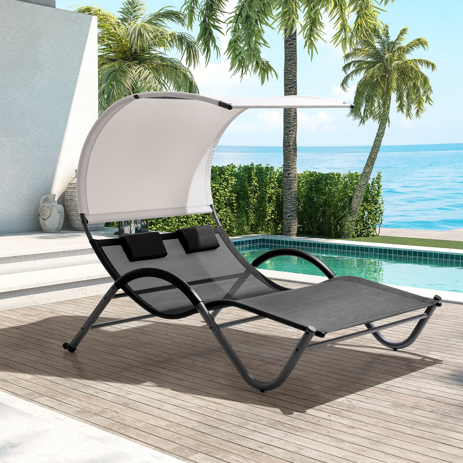 Crestlive Products Patio Steel Outdoor Double Chaise Lounger, Gray - Curated Treasures Market