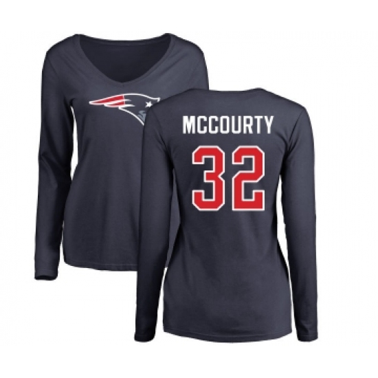 Football Women's New England Patriots #32 Devin McCourty Navy Blue Name & Number Logo Slim Fit Long Sleeve T-Shirt