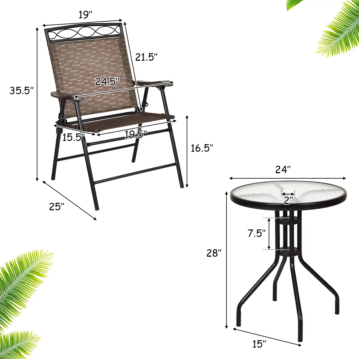Gymax 3PCS Bistro Set Conversation Set Pub Patio Outdoor w/ Folding Chairs Table