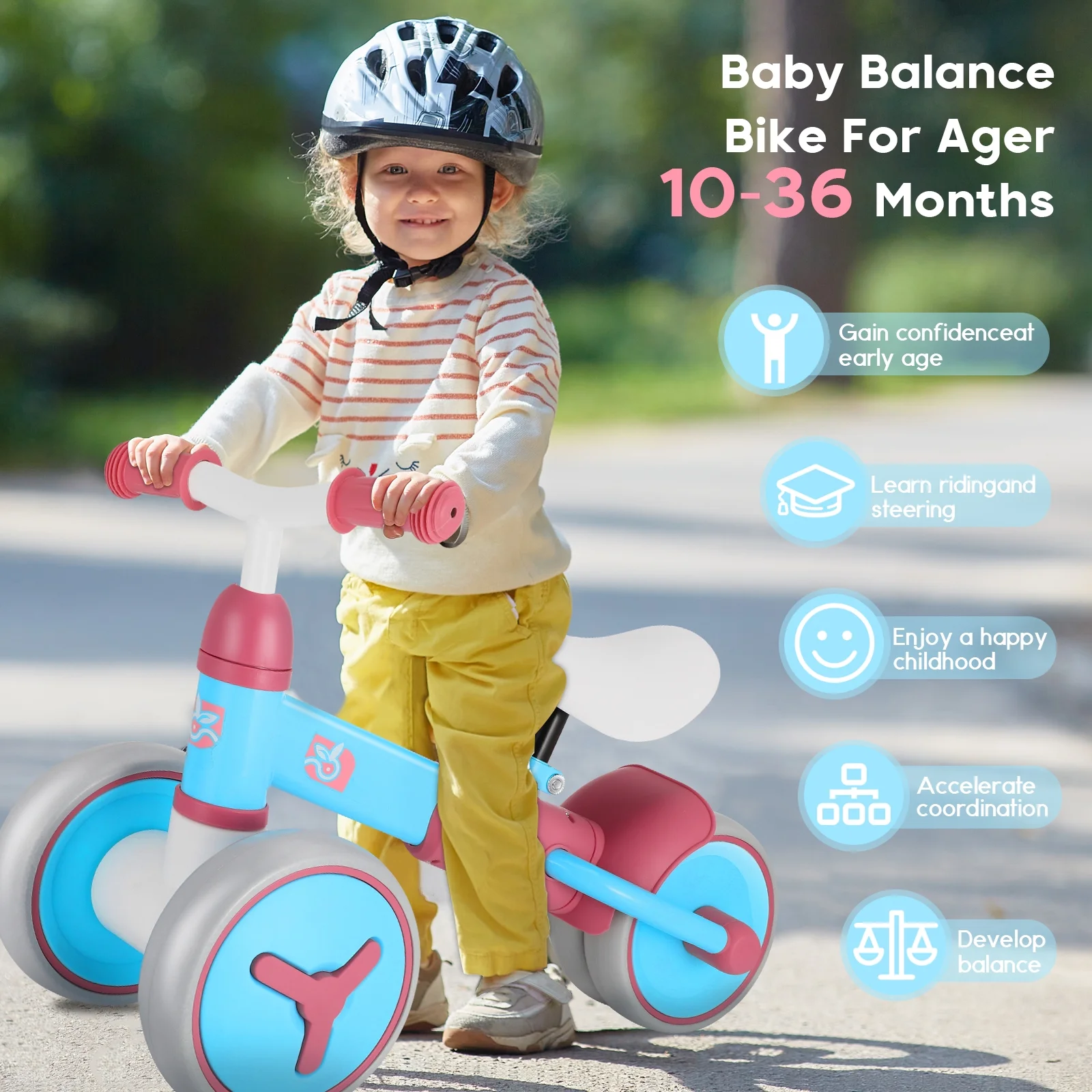 RELOIVE Baby Balance Bike,Toddler Baby Bicycle with 4 Wheels 10-36 Months, Adjustable Handlebar Baby Outdoor Bike Riding Toy,First Birthday Gift