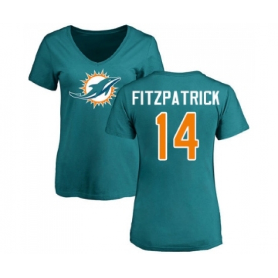 Football Women's Miami Dolphins #14 Ryan Fitzpatrick Aqua Green Name & Number Logo T-Shirt