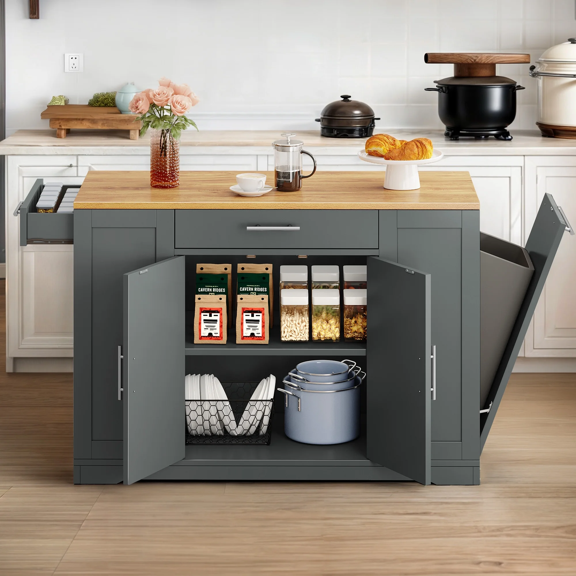 Dextrus Kitchen Island Cart with Trash Can Storage Cabinet, Rolling Kitchen Island Storage with Wheels and Drawers for 13-Gallon Trash Bin, Gray - Curated Treasures Market