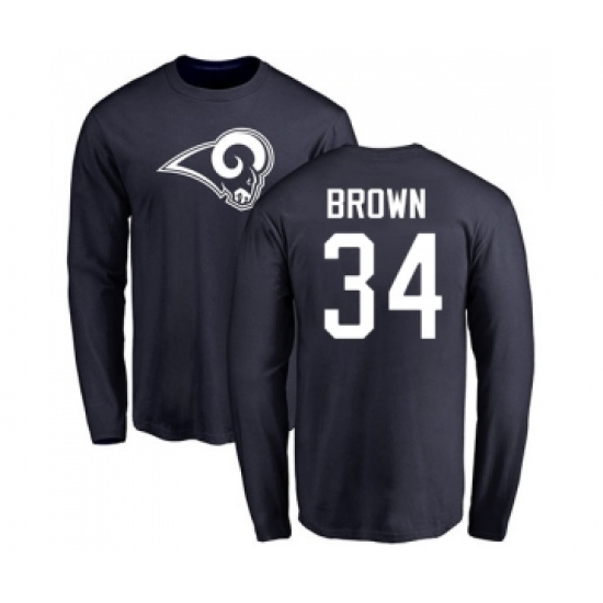 Football Los Angeles Rams #34 Malcolm Brown Navy Blue Name & Number Logo Long Sleeve T-Shirt