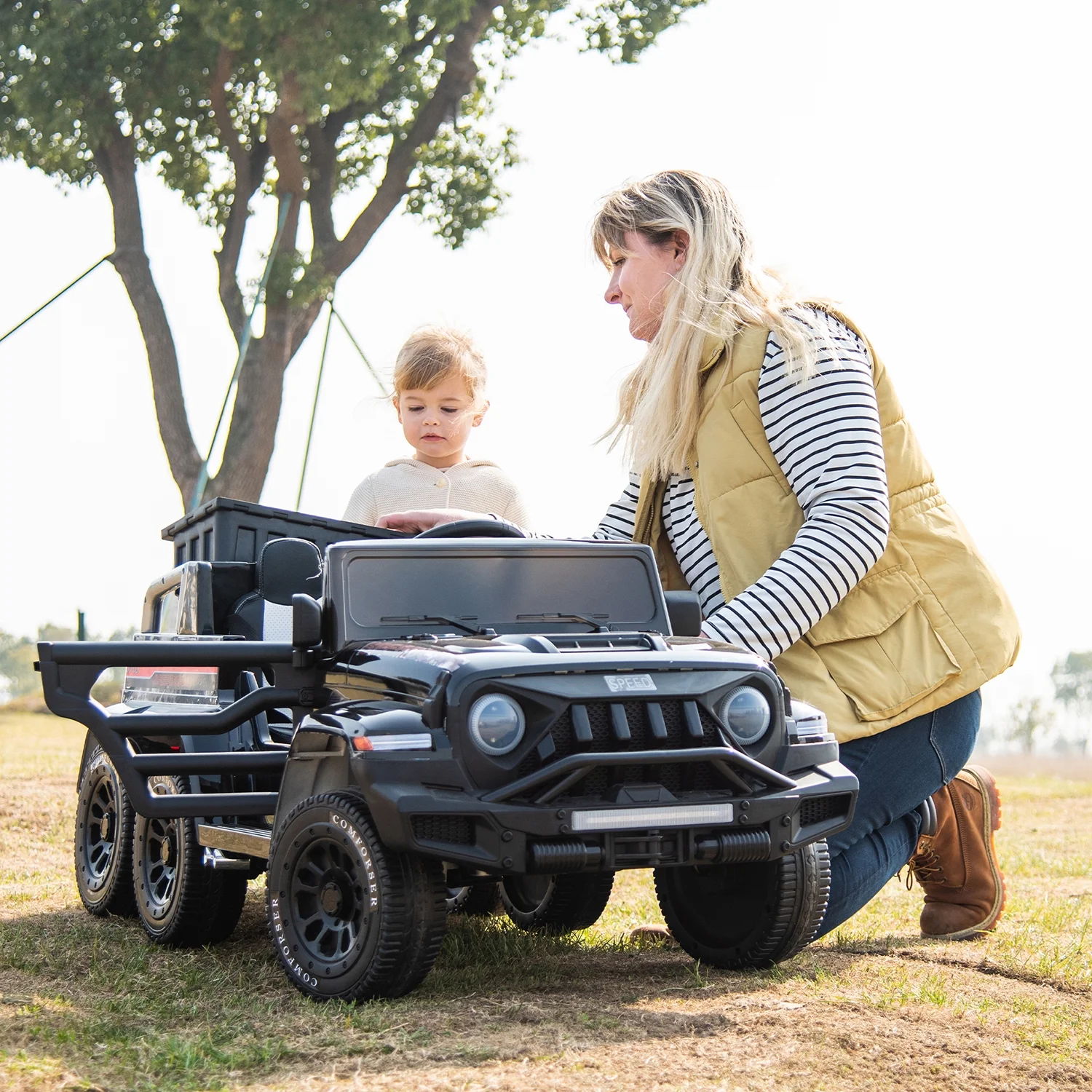 Track 7 24V Ride on Car, 4WD Electric Car for Boys Girls Age 3+, 6 Wheels Ride on Car with Remote Control, Music, Lights, Rocking Mode, Storage Box, Black - Curated Treasures Market