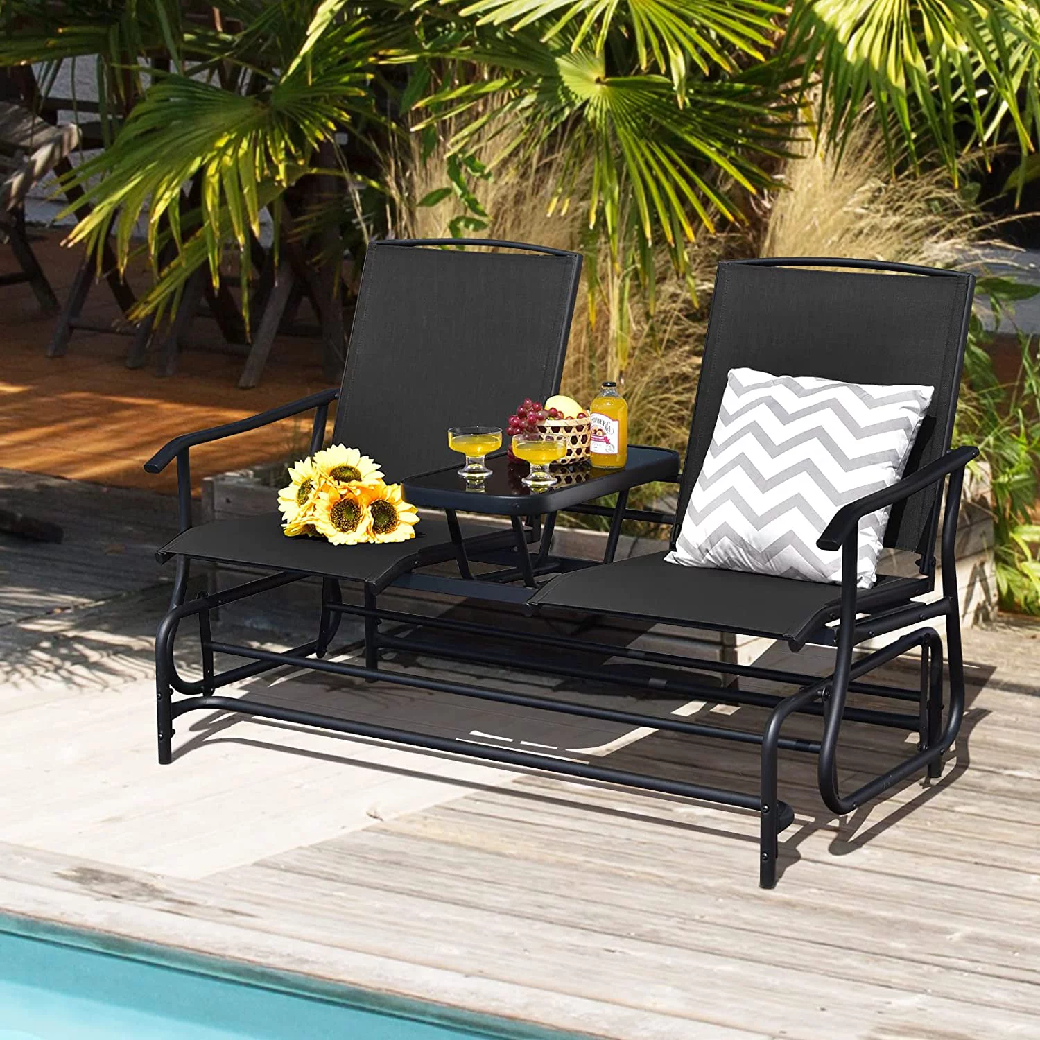 2 Person Swing Glider Chair, Patio Rocking Loveseat w/Center Tempered Glass Table, Outdoor Swing Bench w/Steel Frame & Breathable Mesh Fabric for Porch, Balcony, Poolside (Black) - Curated Treasures Market