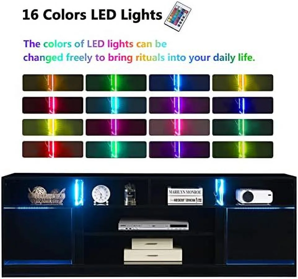 CKPFVY LED TV Stand for 80" TV  Game Console Entertainment Center with  Shelves and Media Layers  Modern TV Stand with LED Lights 16 Colors and High Gloss Cabinets for Living Room Bed - Curated Treasures Market