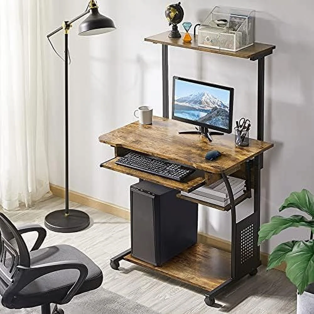 NLTBONNIE 3 Tiers Rolling Computer Desk with Keyboard Tray and Printer  for Home Office  Mobile Computer Desk for Small Space  Retro Computer Table Compact PC Laptop Workstation  Rustic B - Curated Treasures Market