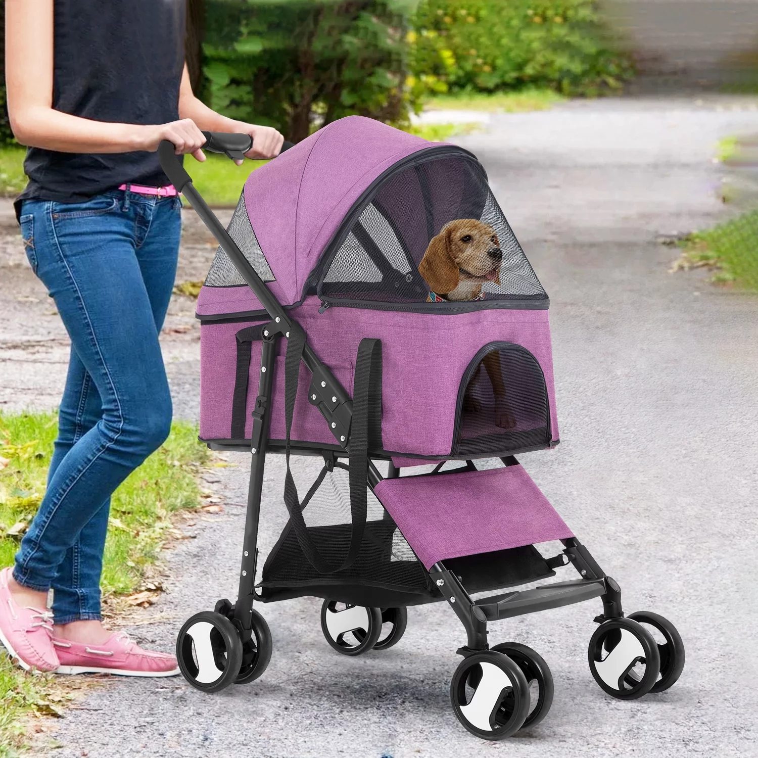 YRLLENSDAN Pet Stroller Premium 3-in-1 Multifunction Dog Cat Jogger Stroller for Medium Small Dogs Cats Folding Lightweight Travel Stroller with Detachable Carrier &Cup Holder (Purple, 4 Wheels) - Curated Treasures Market