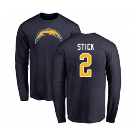 Football Los Angeles Chargers #2 Easton Stick Navy Blue Name & Number Logo Long Sleeve T-Shirt