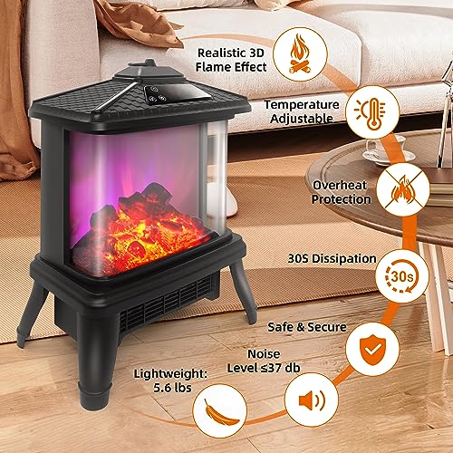 Portable Small Electric Fireplace Heater 3-Color Flame 900W Freestanding Space Heater Mini Electric Stove Heater 59-90℉ Thermostat 12h-Timer Remote Control Overheat&Tip-over Protect