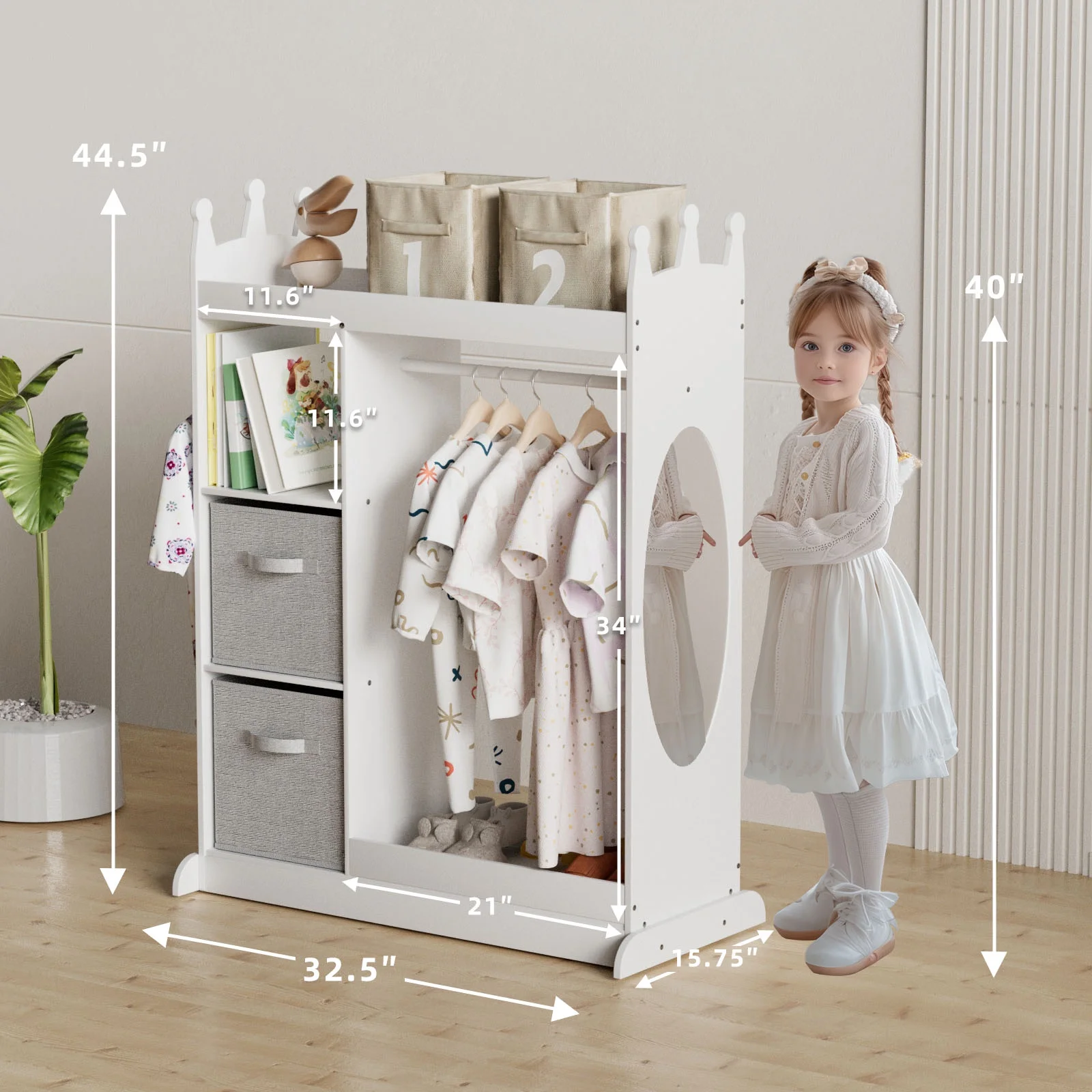 KORIMEFA Kids Dress up Storage with Mirror, 2 Storage Bins & Cloth Hanger, Kids Play Armoire Dresser Pretend Storage Closet for Bedroom, Kids Room, Playroom - Curated Treasures Market
