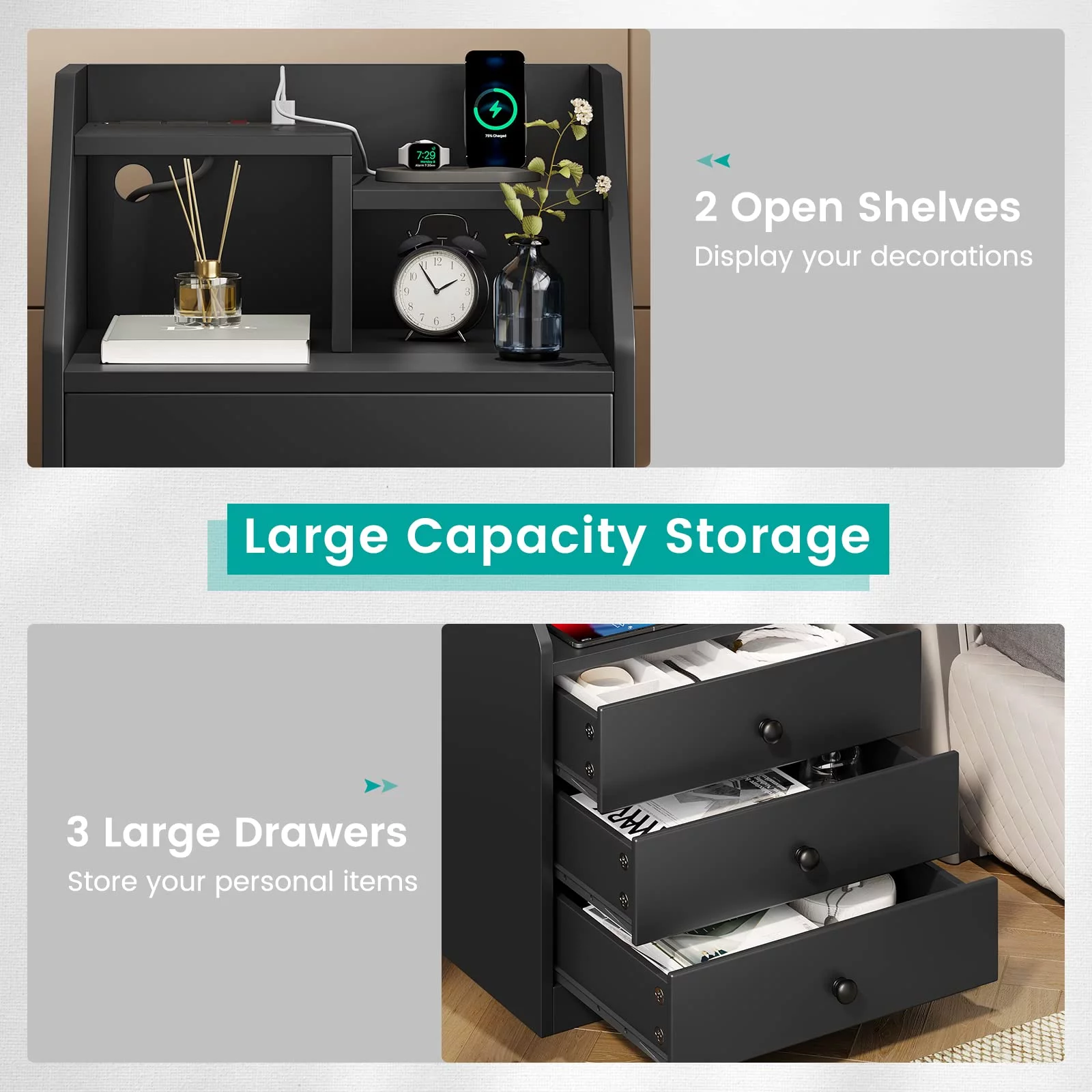 Nightstand with Charging Station, Black Night Stand with 3 Storage Drawers, Bedside Table for Bedroom - Curated Treasures Market