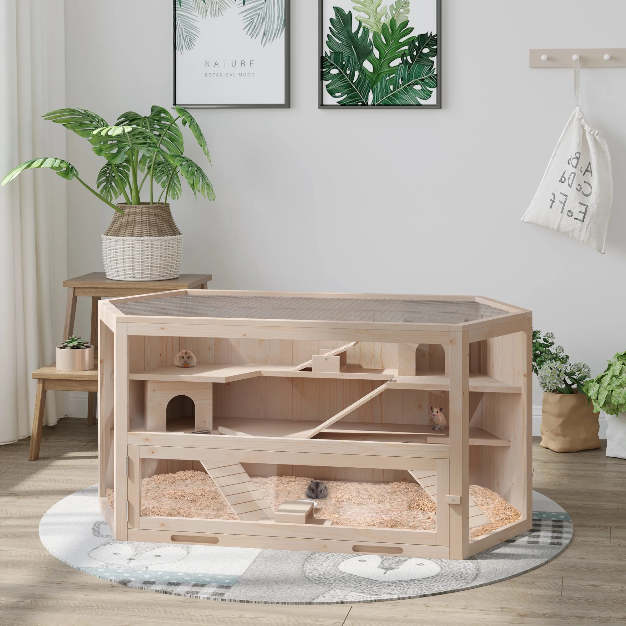 Pawhut Compatible Wooden 3-Tier Hamster Cage Hutch Box with Seesaw, Natural - Curated Treasures Market
