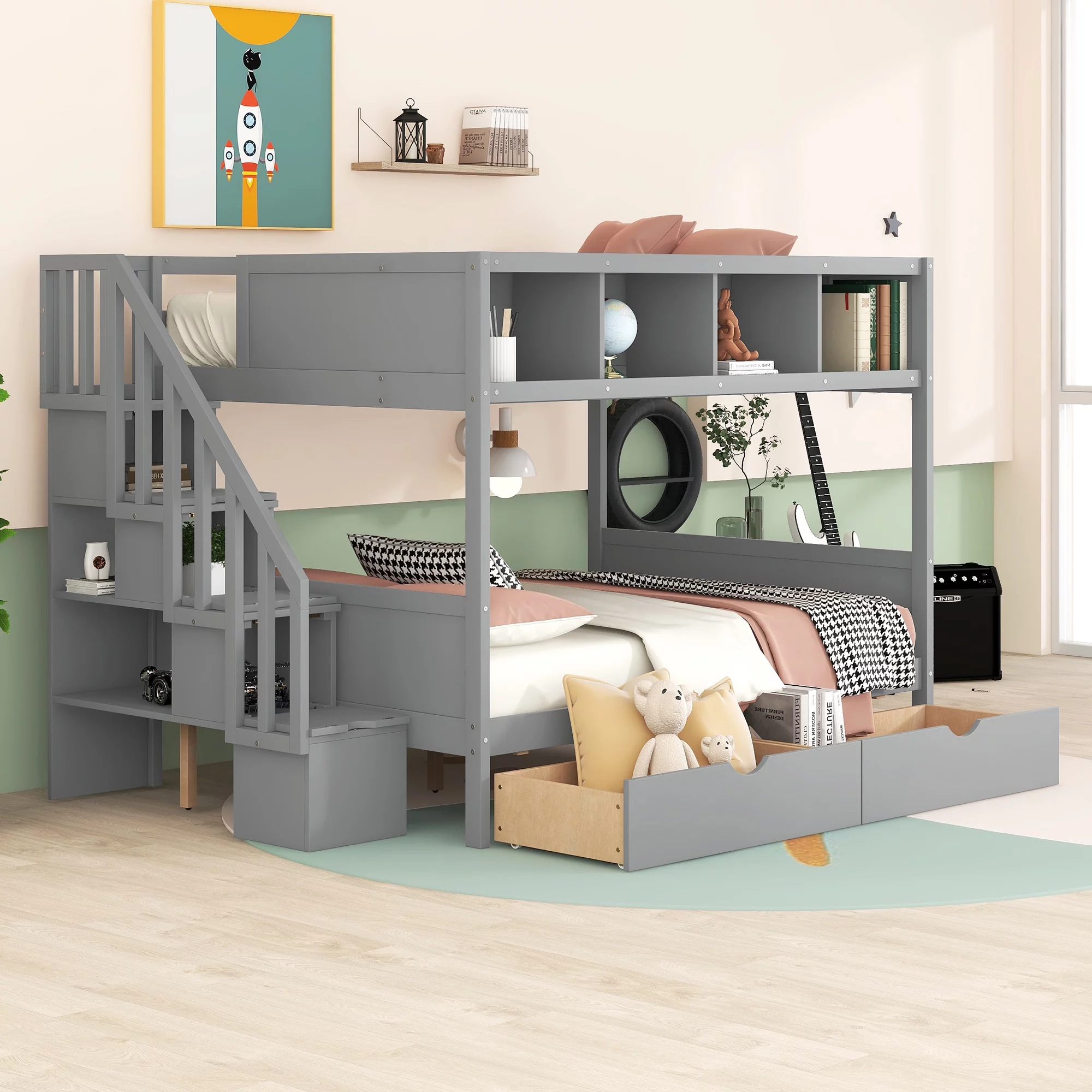 Churanty Twin Over Full Bunk Beds with Staircase and Drawers, Wooden Bunk Bed Frame with Storage Shelf for Kids,Gray - Curated Treasures Market