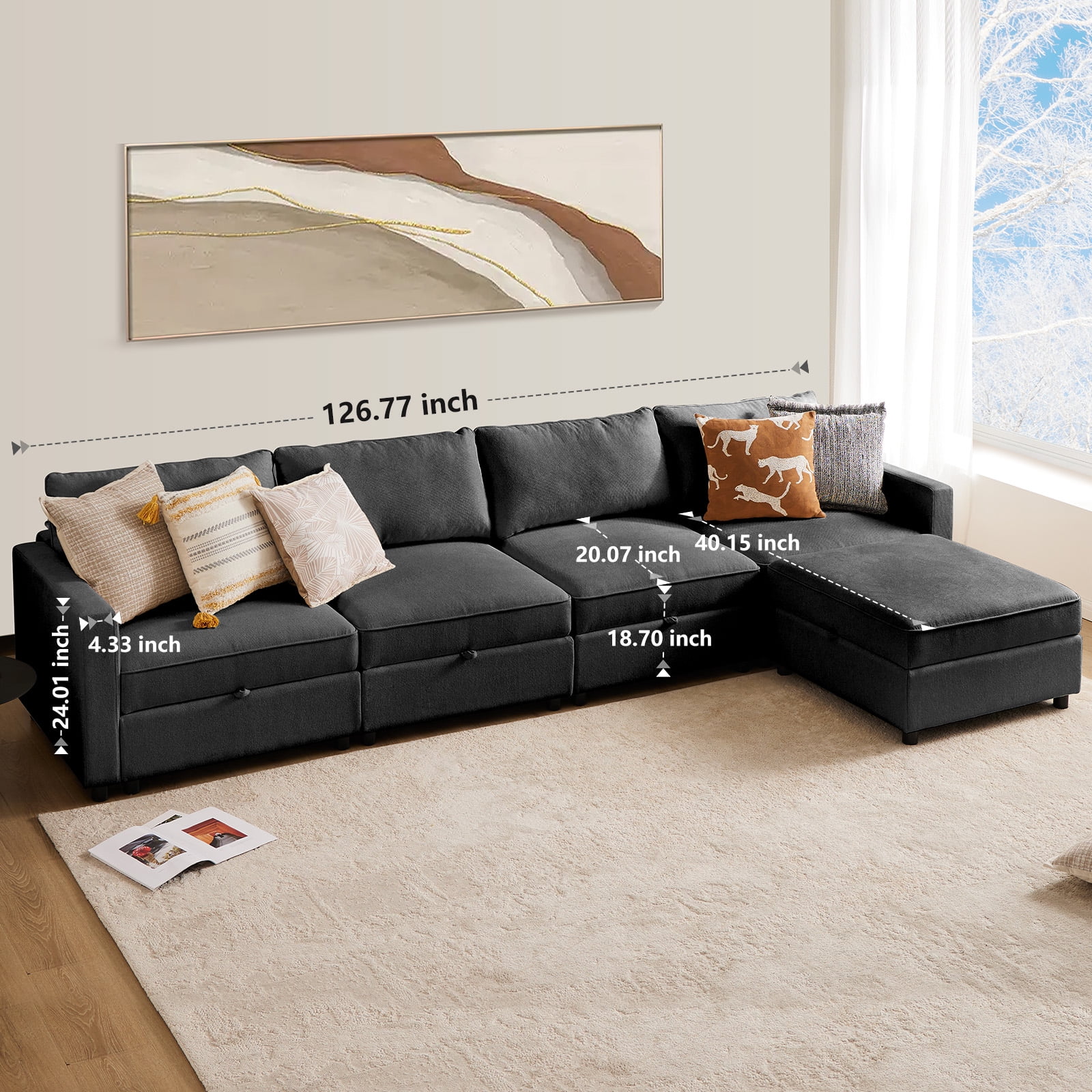 CONCETTA Modular Sectional Sofa, 4 Seat Convertible Oversized U Shaped Sofa Couch with Storage Ottomans, Beige