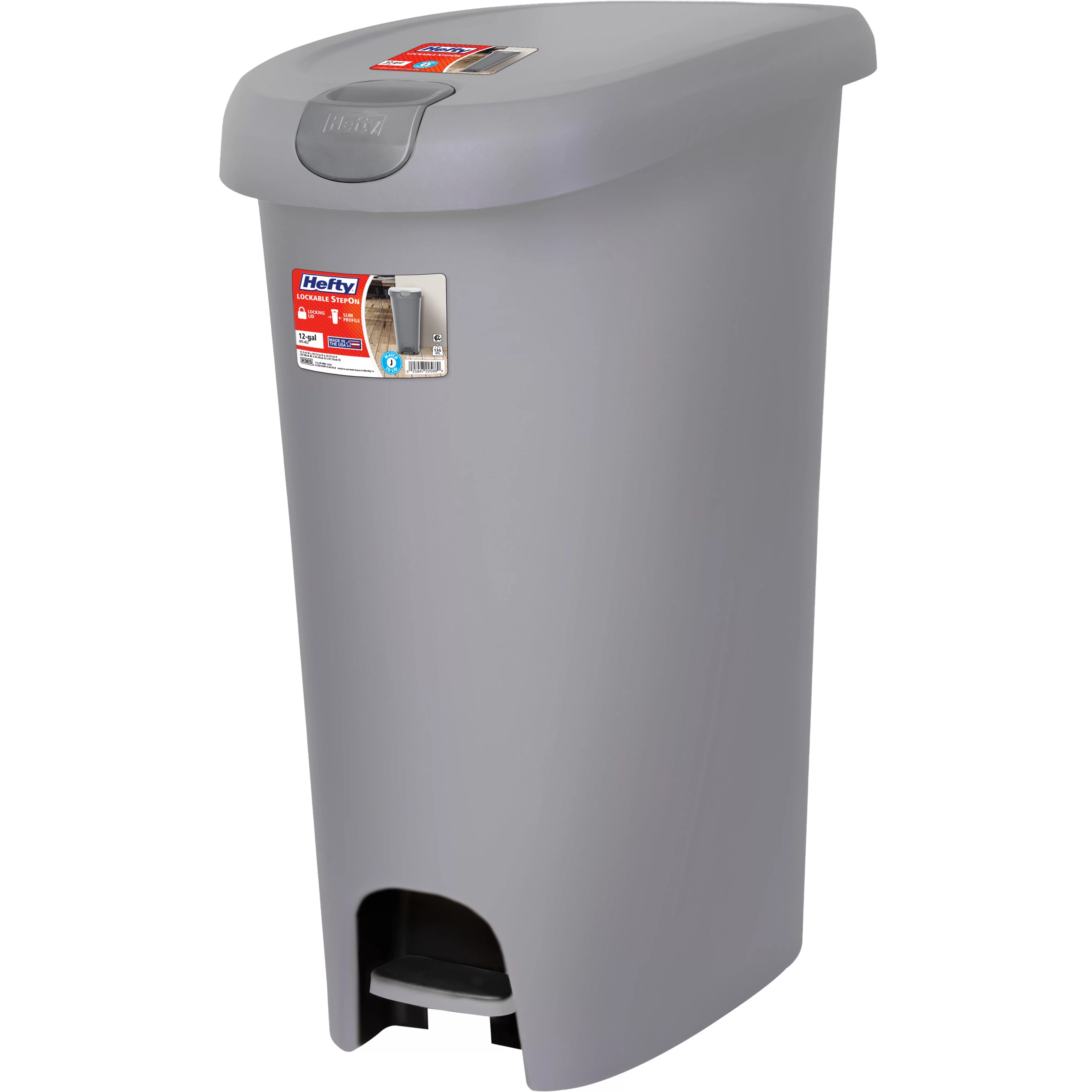 Hefty 12 Gallon Trash Can, Plastic Slim Lockable Step On Kitchen Trash Can, Gray - Curated Treasures Market