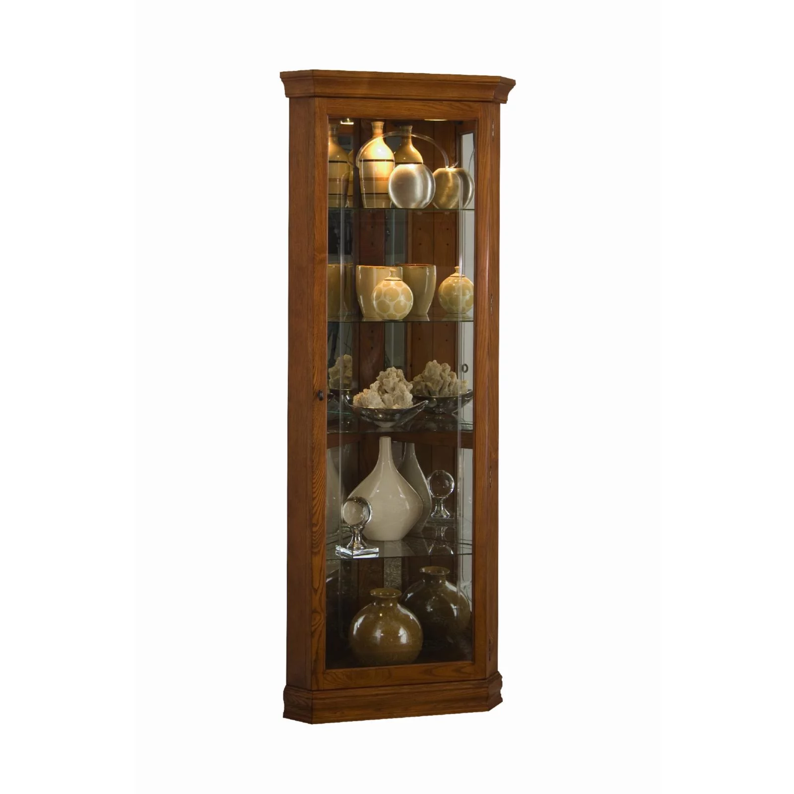 Wood Framed 4 Shelf Corner Curio Cabinet in Cherry Brown by Pulaski Furniture - Curated Treasures Market