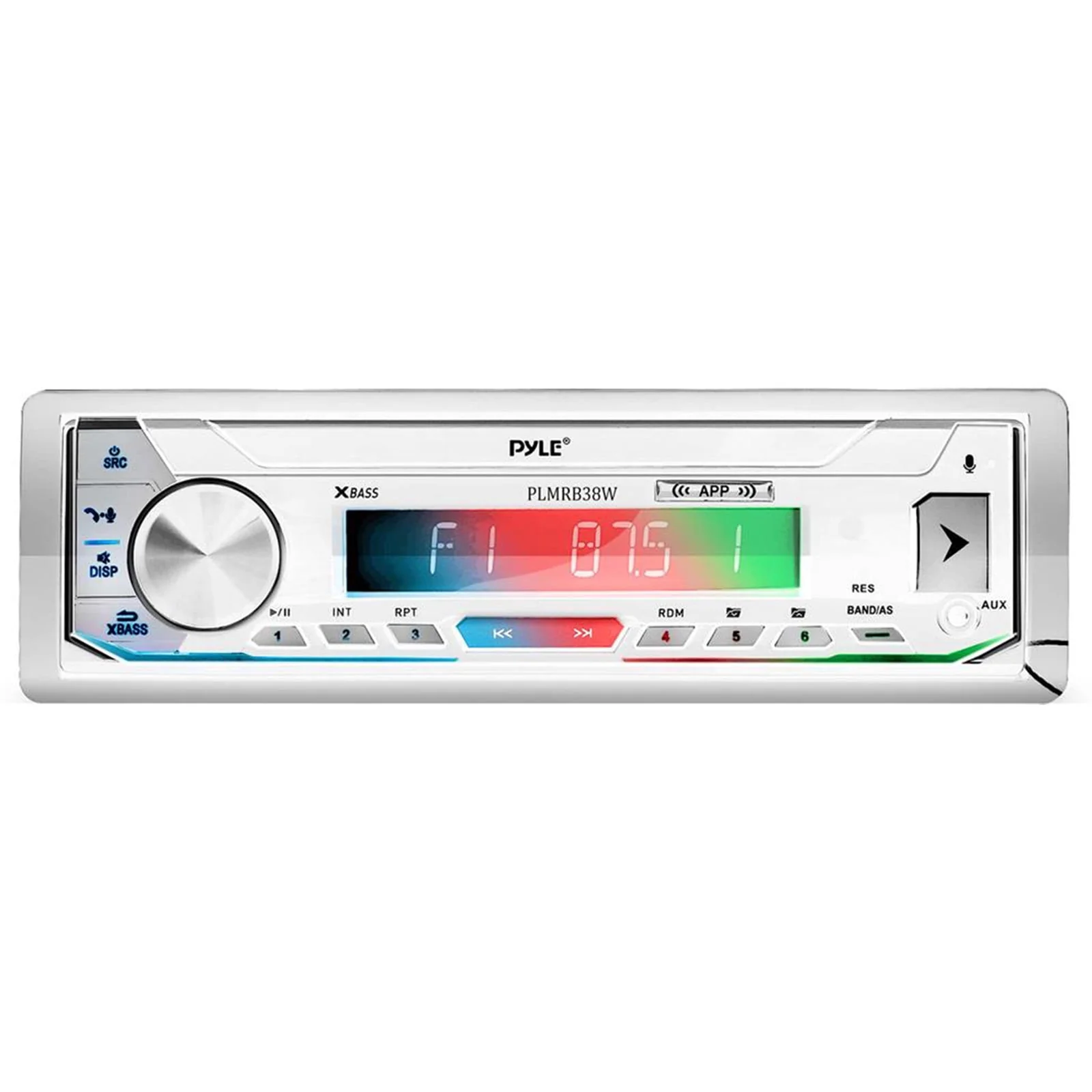Pyle PLMRB39W Single DIN AM/FM Radio USB/AUX Bluetooth Marine Stereo White Receiver with 2 Pairs of 6.5'' 240W Camouflage Waterproof Marine LED Speakers, Rubber Mast Antenna, 18 Gauge Speaker Wire