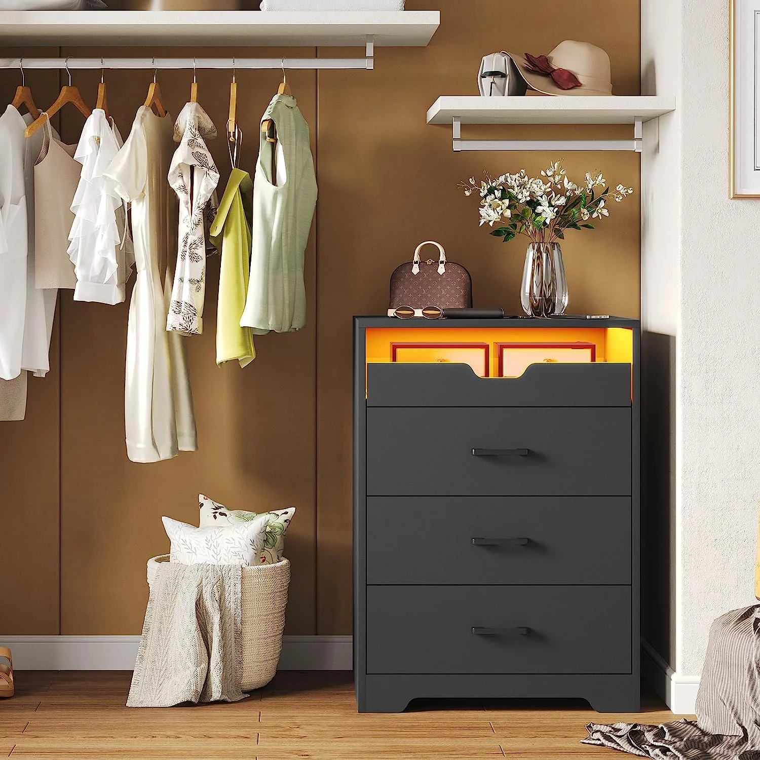 3 Drawers Dresser with LED Lights, Tall Dresser with Pull-Out Tray, Black