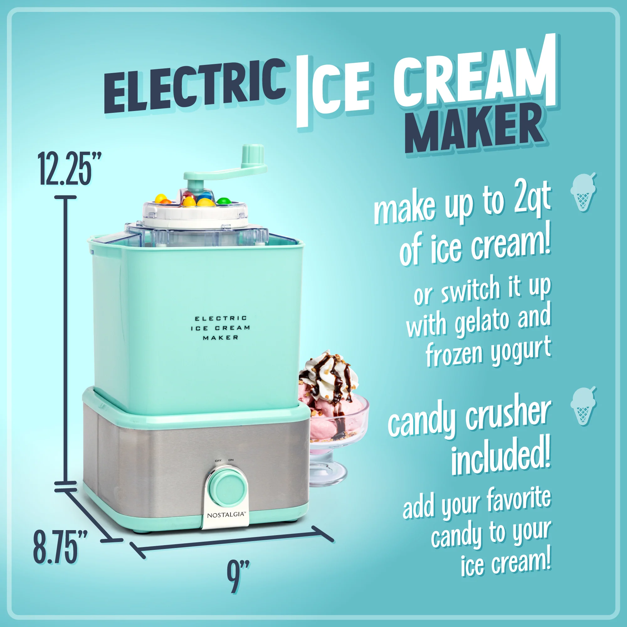 2-Quart Electric Ice Cream Maker With Candy Crusher, Aqua/Stainless Steel