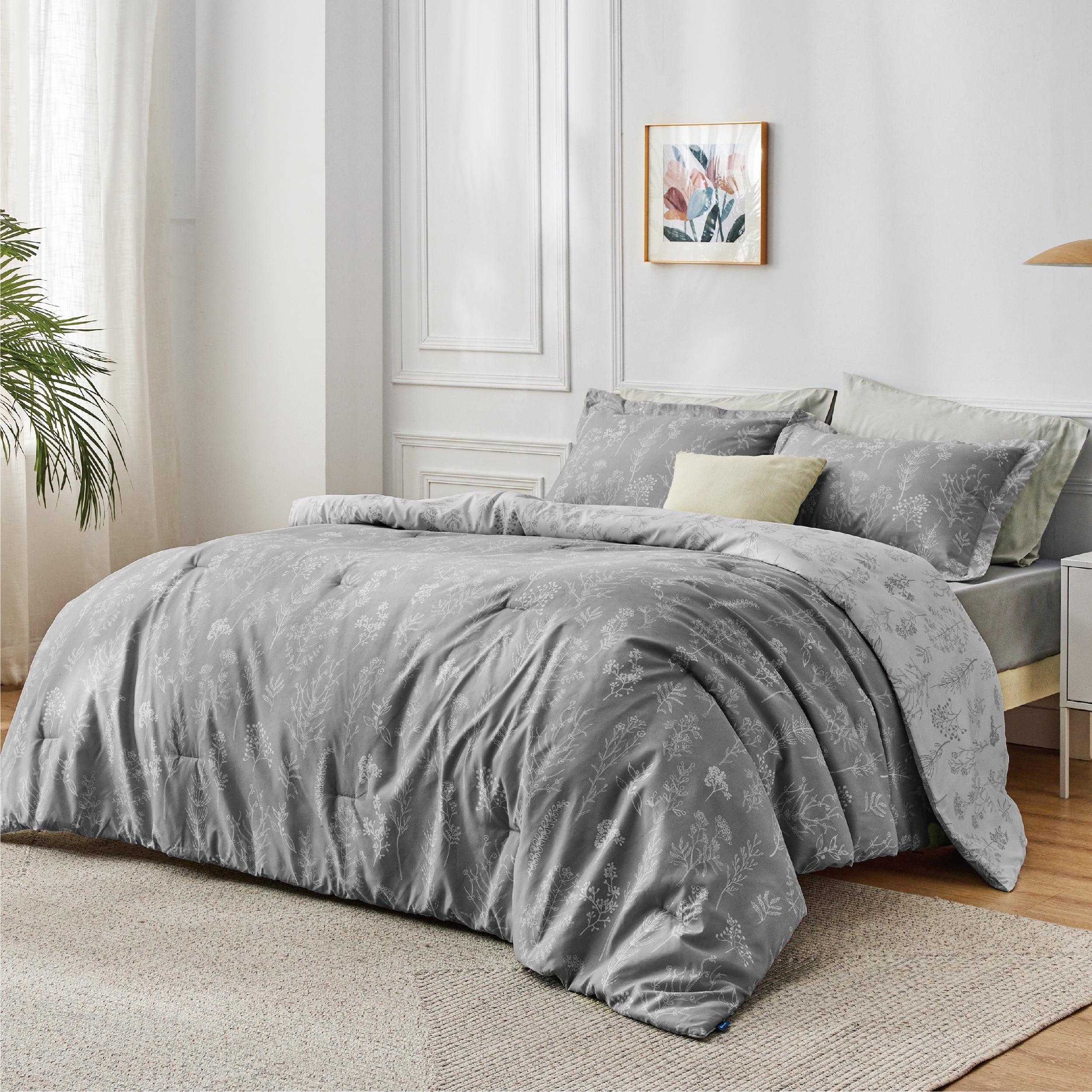 Bedsure 3 Pieces Sage Green Floral Comforter Sets, 1 Soft Reversible Botanical Flowers Comforter and 2 Pillow Shams, Queen Size