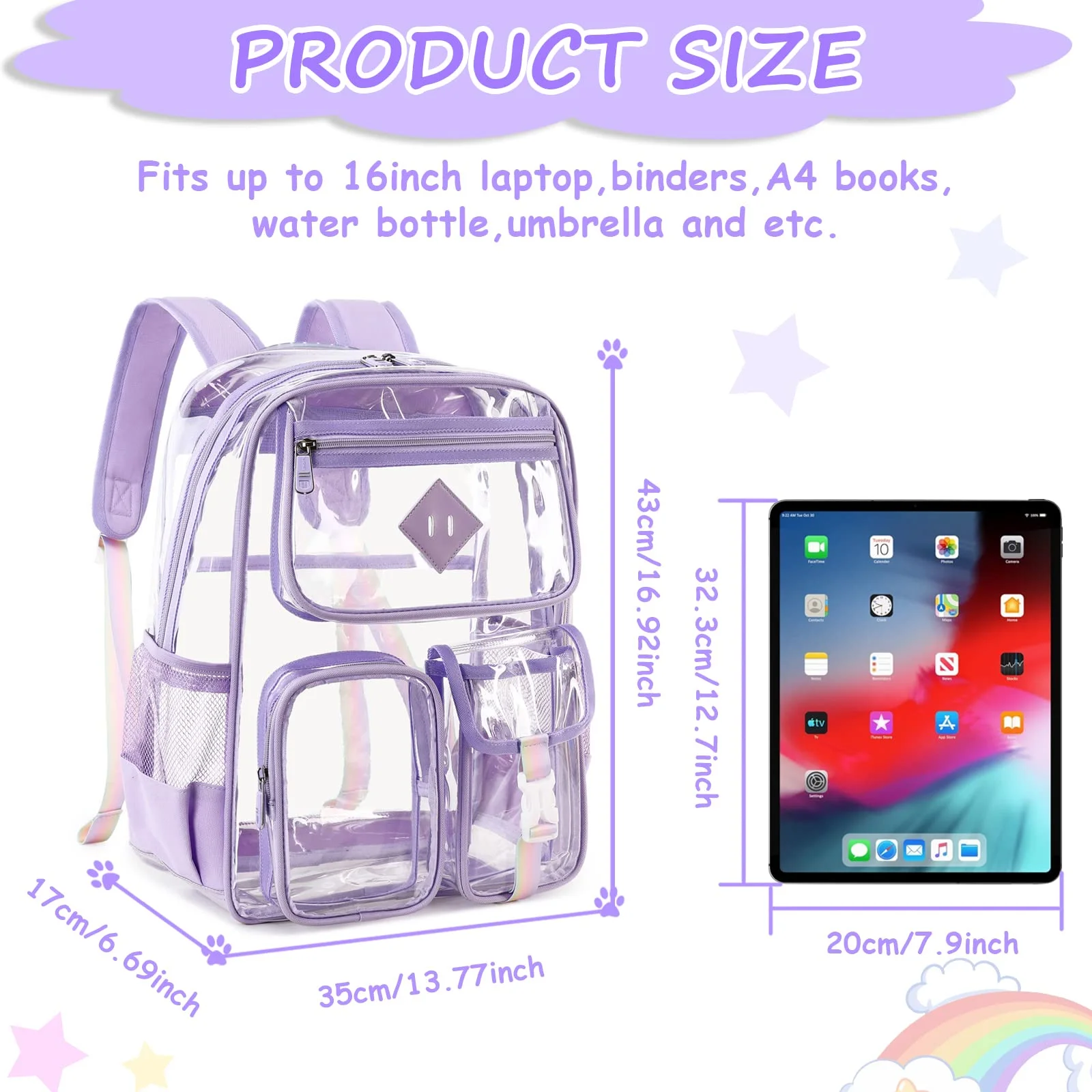 Sanmadrola Large Clear Backpack Heavy Duty Stadium Approved Girls Backpack Waterproof Pvc Transparent Backpacks for Girls Clear Bag with Reinforced Strap for School Work Travel Festival, Purple - Curated Treasures Market