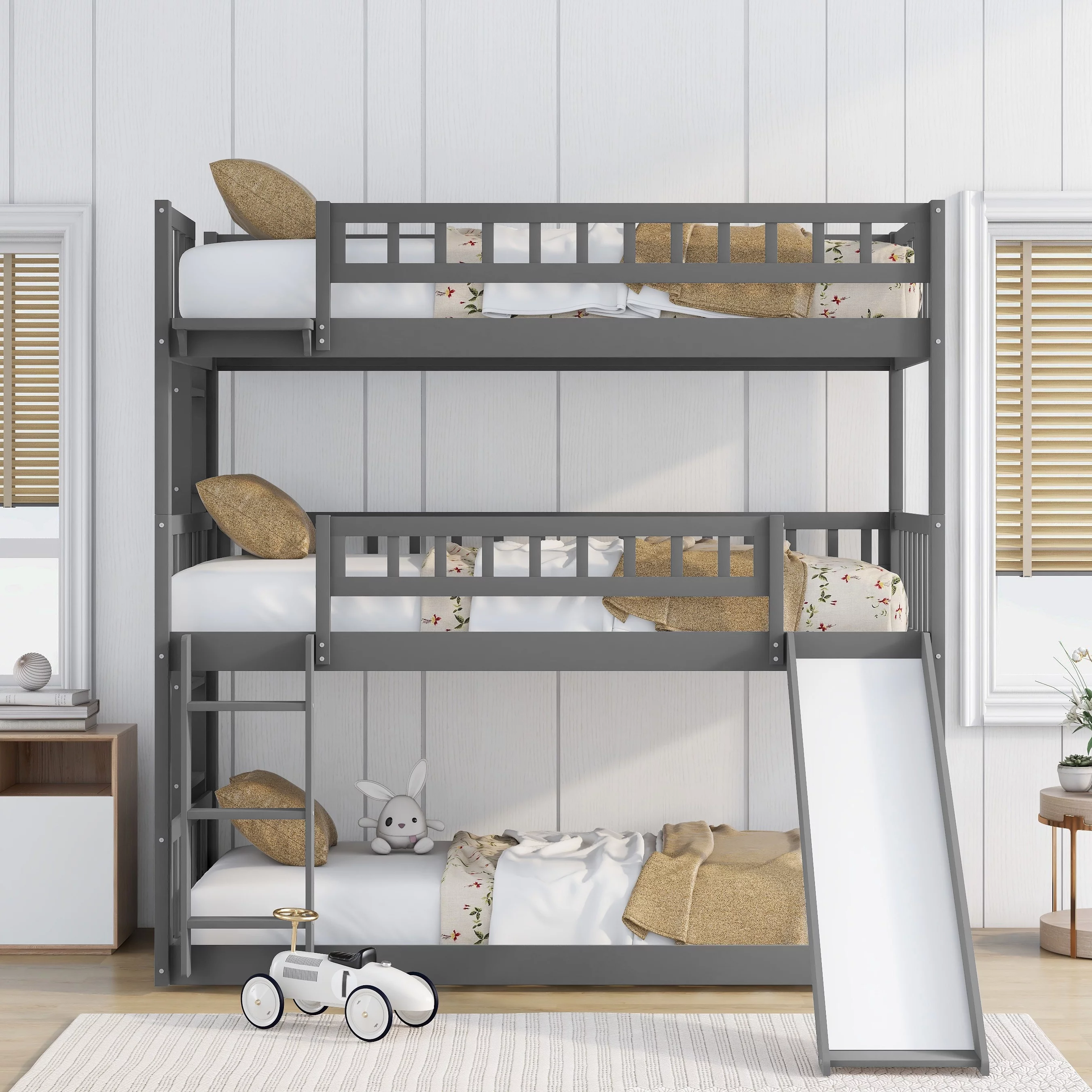 Bellemave Triple Bunk Bed with Slide, Wood Twin over Twin over Twin 3 Bunk Bed with 2 Built-In Ladders, Convertible Triple Beds for Kids, Teens, Boys & Girls (Gray) - Curated Treasures Market
