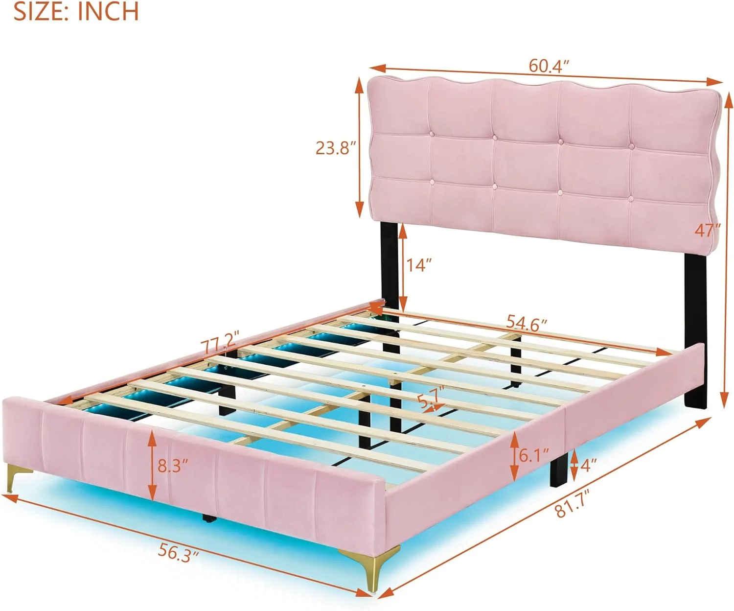 Full Size Velvet Upholstered Platform Bed with LED Frame and Stylish Mental Bed Legs with Cute Marshmallow Headboard No Box Spring Needed, No Noise, for Girls,Boys,Kids,Teens, Adults - Curated Treasures Market