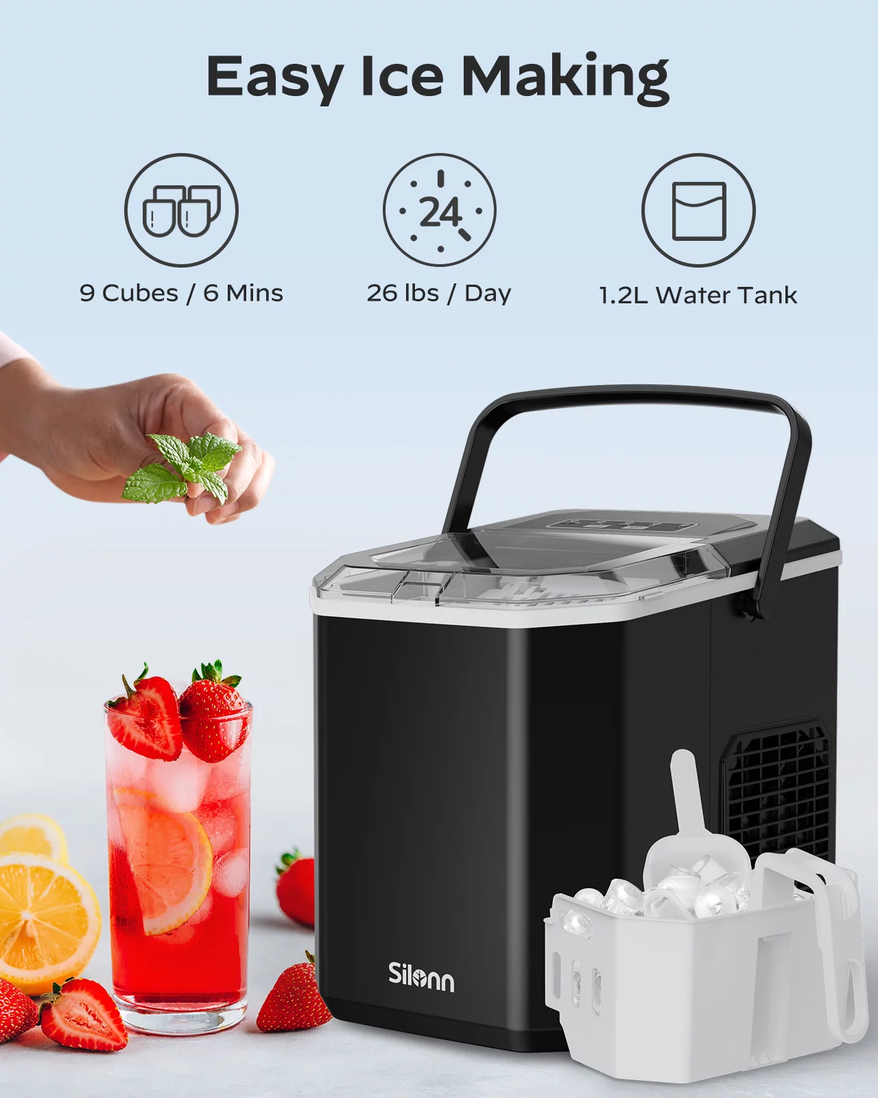 Countertop Ice Maker Machine with Handle, 9pcs/6min, 26lbs/24h, W/2 Sizes Bullet-Shaped Ice, W/Scoop & Basket, Self-Cleaning, Silver