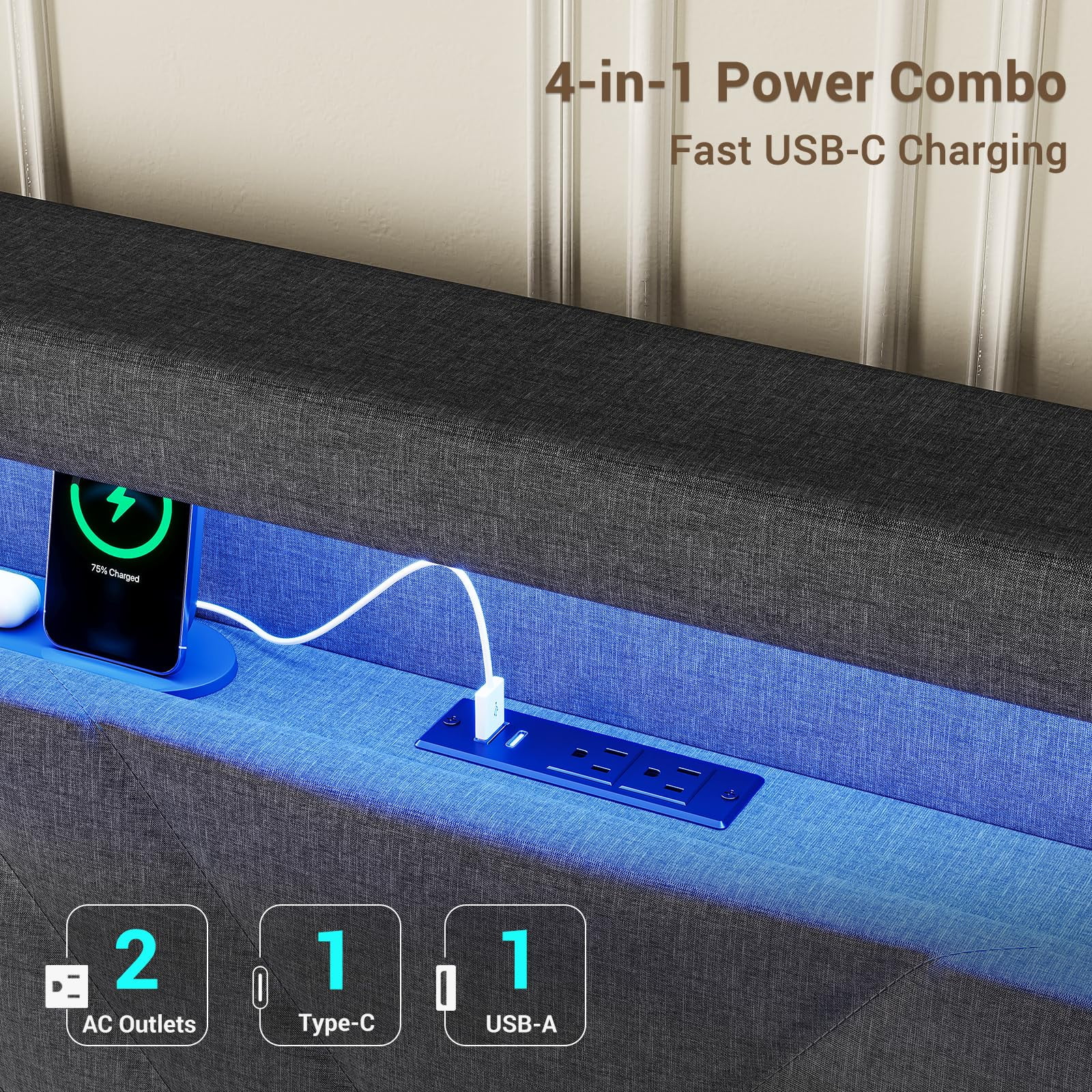 Afuhokles Queen Floating Bed Frame with LED Lights Headboard, USB-C/A Power Combo, Upholstered Platform Bed, Dark Gray