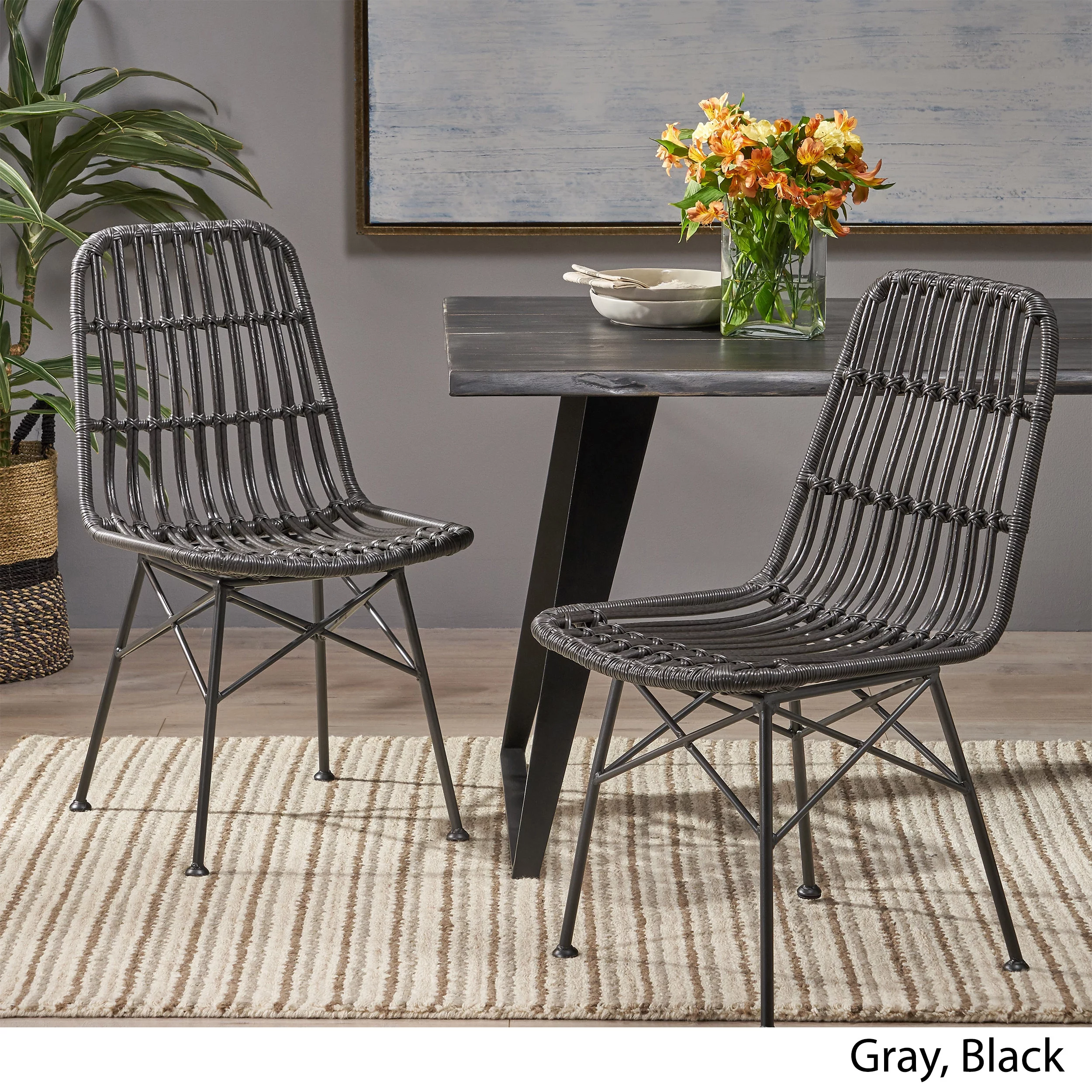 Noble House Dimitri Indoor Wicker Dining Chairs, Set of 2) , Gray and Black - Curated Treasures Market