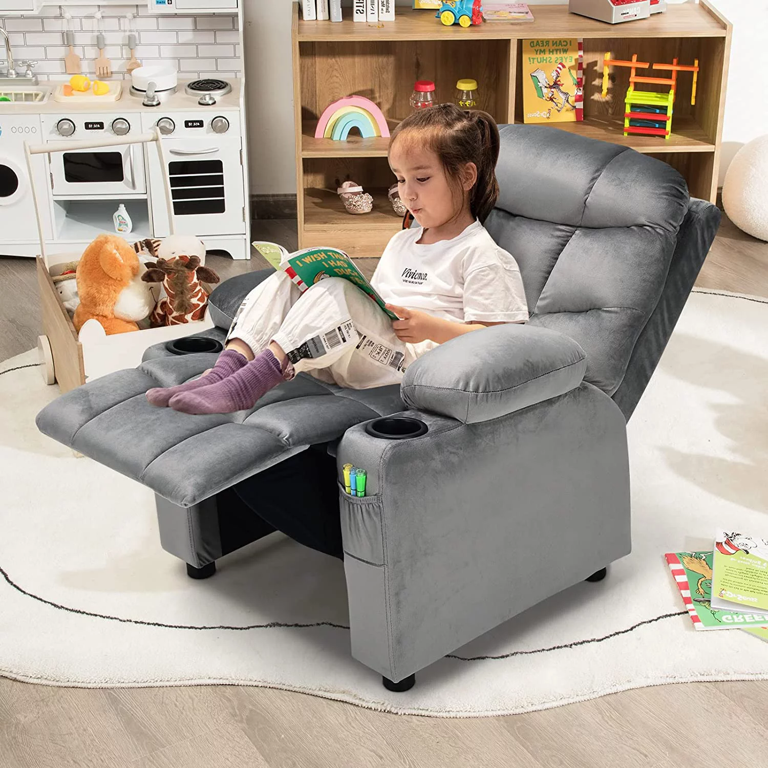 Larger Kids Recliner Chair, Adjustable Lounge Recliner w/ 2 Cup Holders, 1 Side Pocket, 2 Front Pockets, Footrest, Velvet Fabric Recliner for Boys & Girls, Ideal for Bedroom (Grey) - Curated Treasures Market