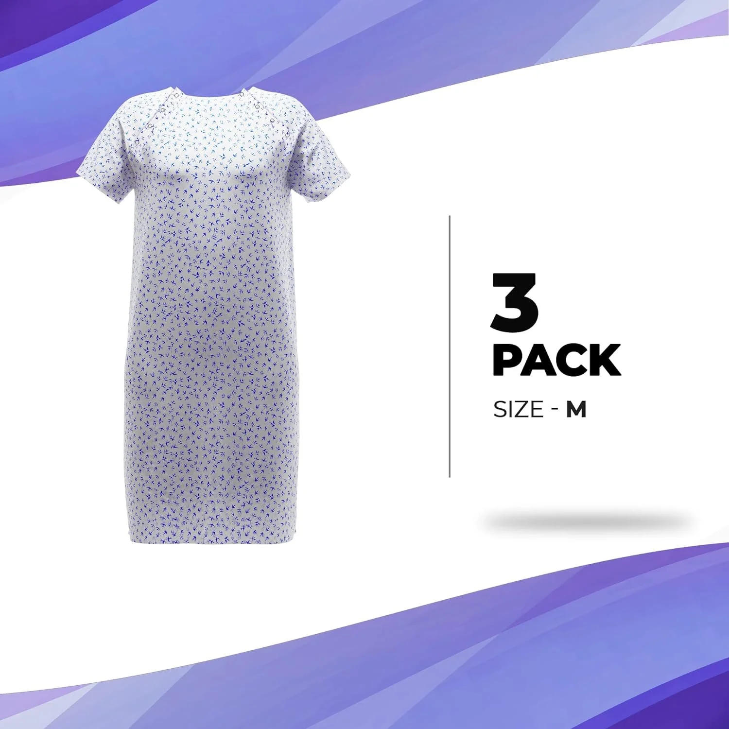 Hospital Gowns for Women, Pack of 3 Medium White Patient Gowns with Bird Print, Short Sleeves, Front and Back Snaps, Soft Cotton Patient Gown, Convenient Labor and Delivery Gowns - Curated Treasures Market