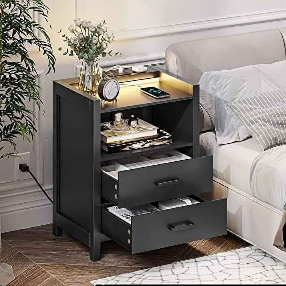 ZWNLKQG Nightstands with LED Lights and Charging Station  End  with 2 Drawers and Open   Modern Bedside Table for Bedroom  White  2PCS (NSL) - Curated Treasures Market