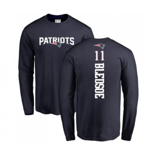 Football New England Patriots #11 Drew Bledsoe Navy Blue Backer Long Sleeve T-Shirt