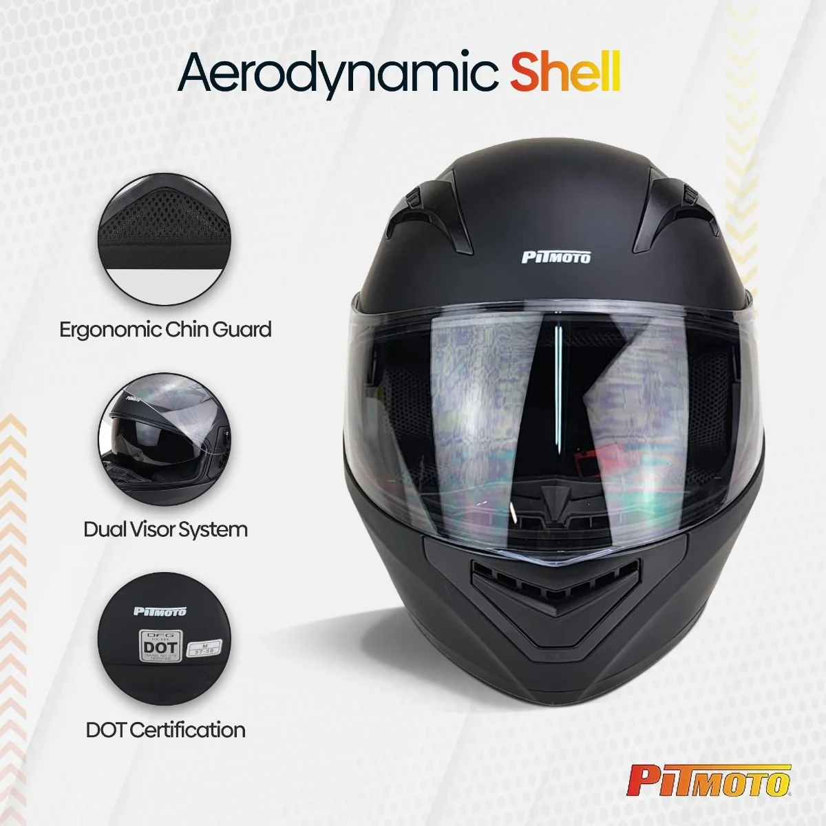 PITMOTO PM-888, Full Face Dual Visor DOT Approved Motorcycle Helmet-Matte Black -Medium - Curated Treasures Market