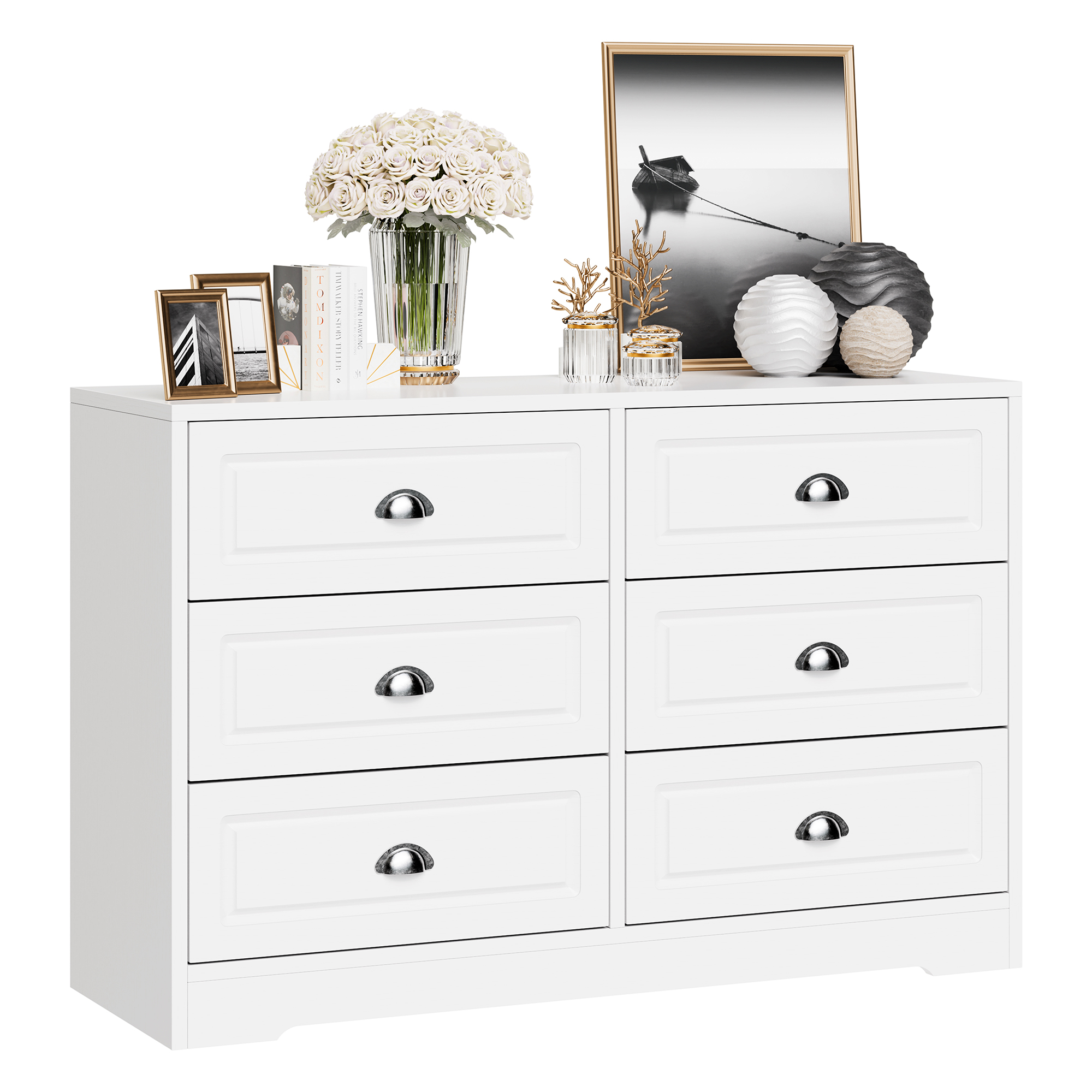 Walsunny 6 Drawer Double Dresser White Wooden Wide Chest of Drawers with Metal Handles Storage Organizer Dresser Nursery Dresser for Living Room Hallway - Curated Treasures Market