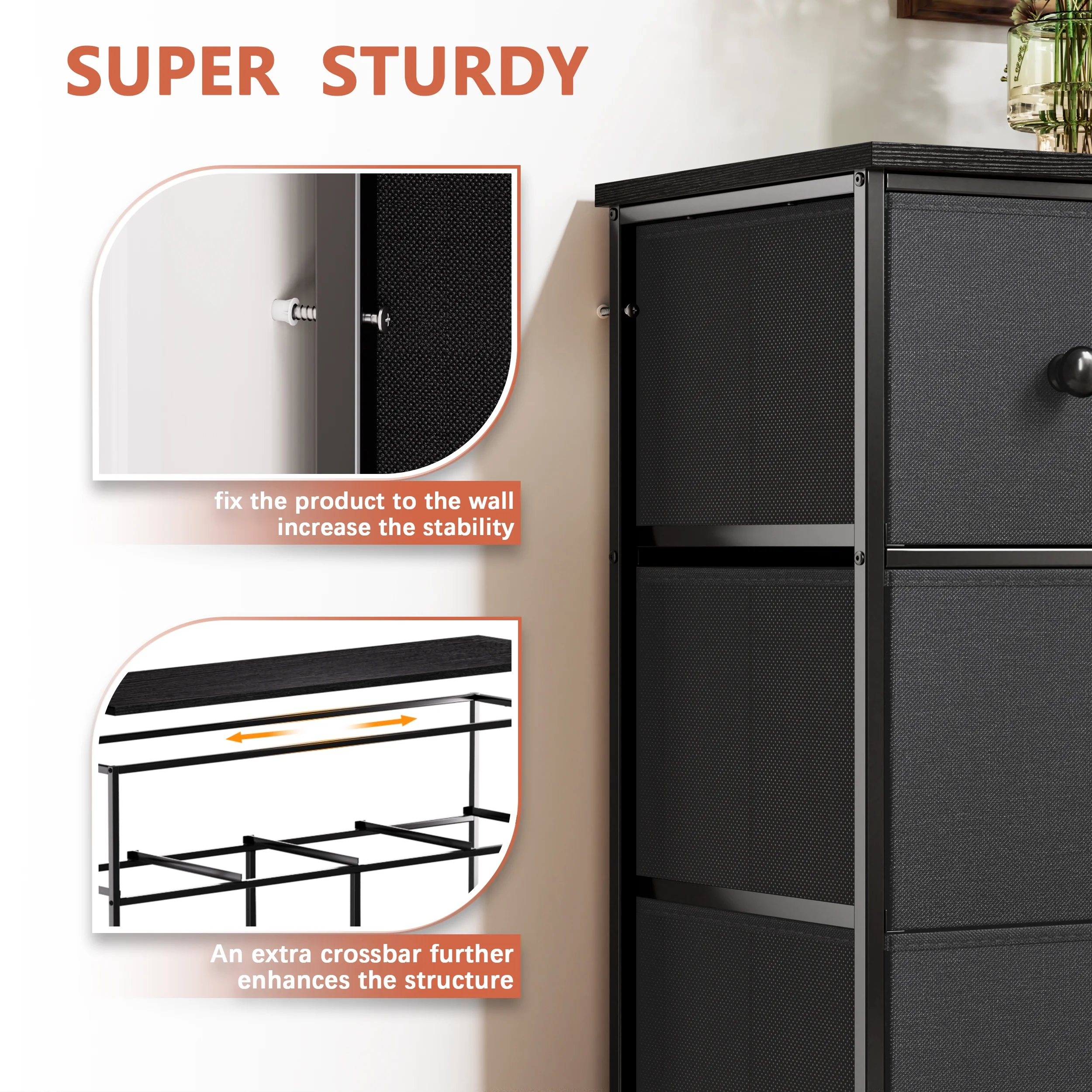 GUNAITO 8 Drawer Dresser, Chest of Drawers for Bedroom, Fabric Drawer for Kids and Adult, Steel Frame and Wooden Top Black Grey