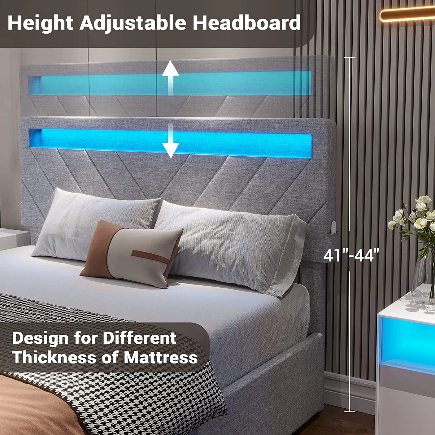 Adorneve Queen Bed Frame with LED Lights Headboard, 4 Drawers,2 USB Charging Station, Upholstered Platform Bed, Dark Gray