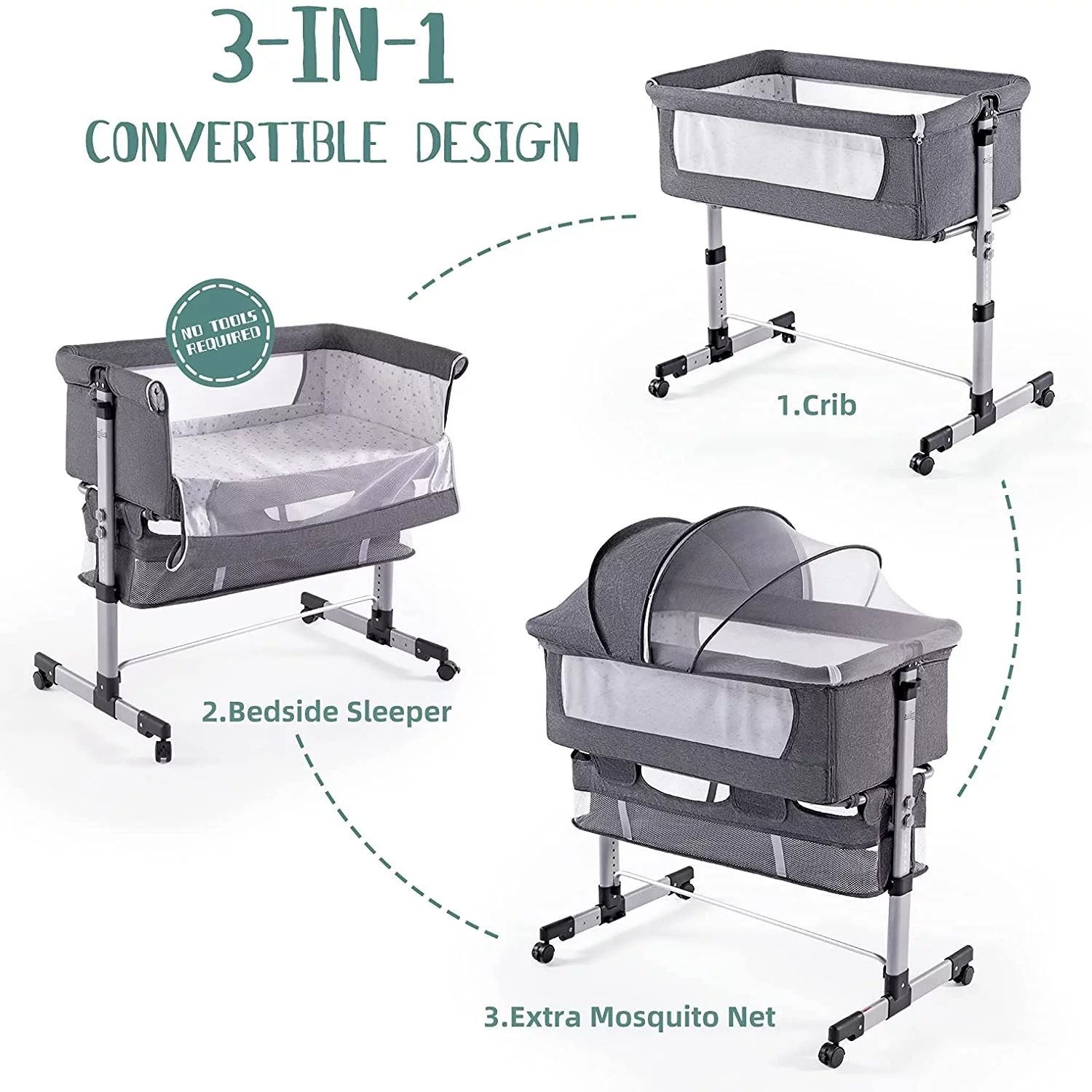 NEWLAKE 3 in 1 Bassinet for Baby, Height Adjustable Bedside Sleeper for Newborn Infant/Baby Boy/Baby Girl (Grey) - Curated Treasures Market