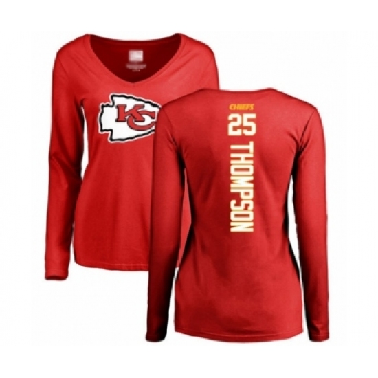 Football Women's Kansas City Chiefs #25 Darwin Thompson Red Backer Slim Fit Long Sleeve T-Shirt