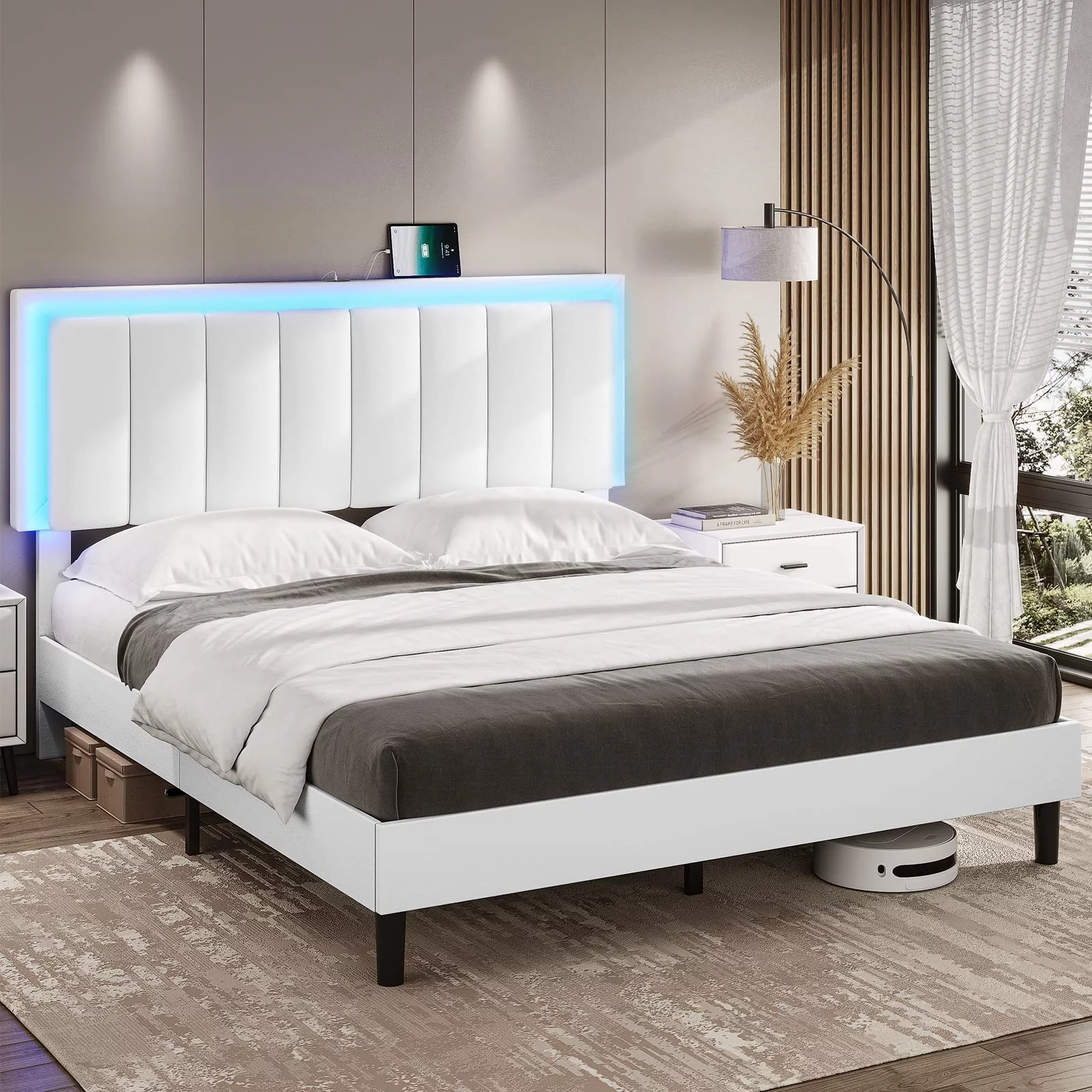 King Bed Frame with Charging Station and LED Lights,Leather Upholstered Platform Bed with Adjustable Headboard, No Box Spring Needed, Noise Free,Black