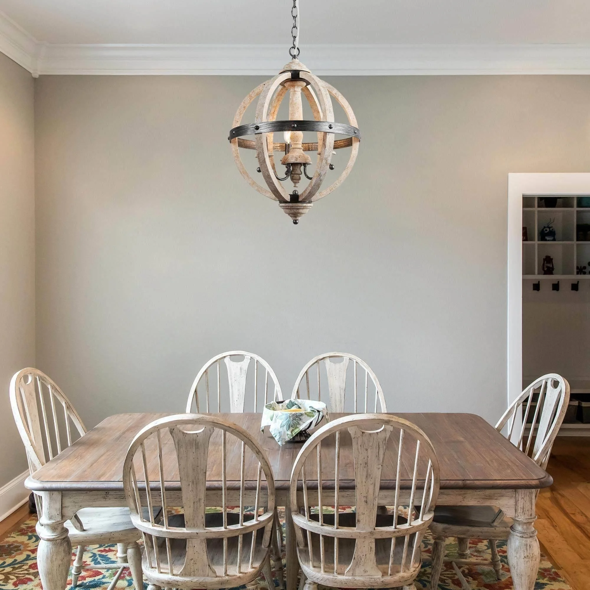 The Gray Barn  Farmhouse 3-Light Candle Globe Wood Chandelier for Dining Room Distressed Weathered Wood W15.7