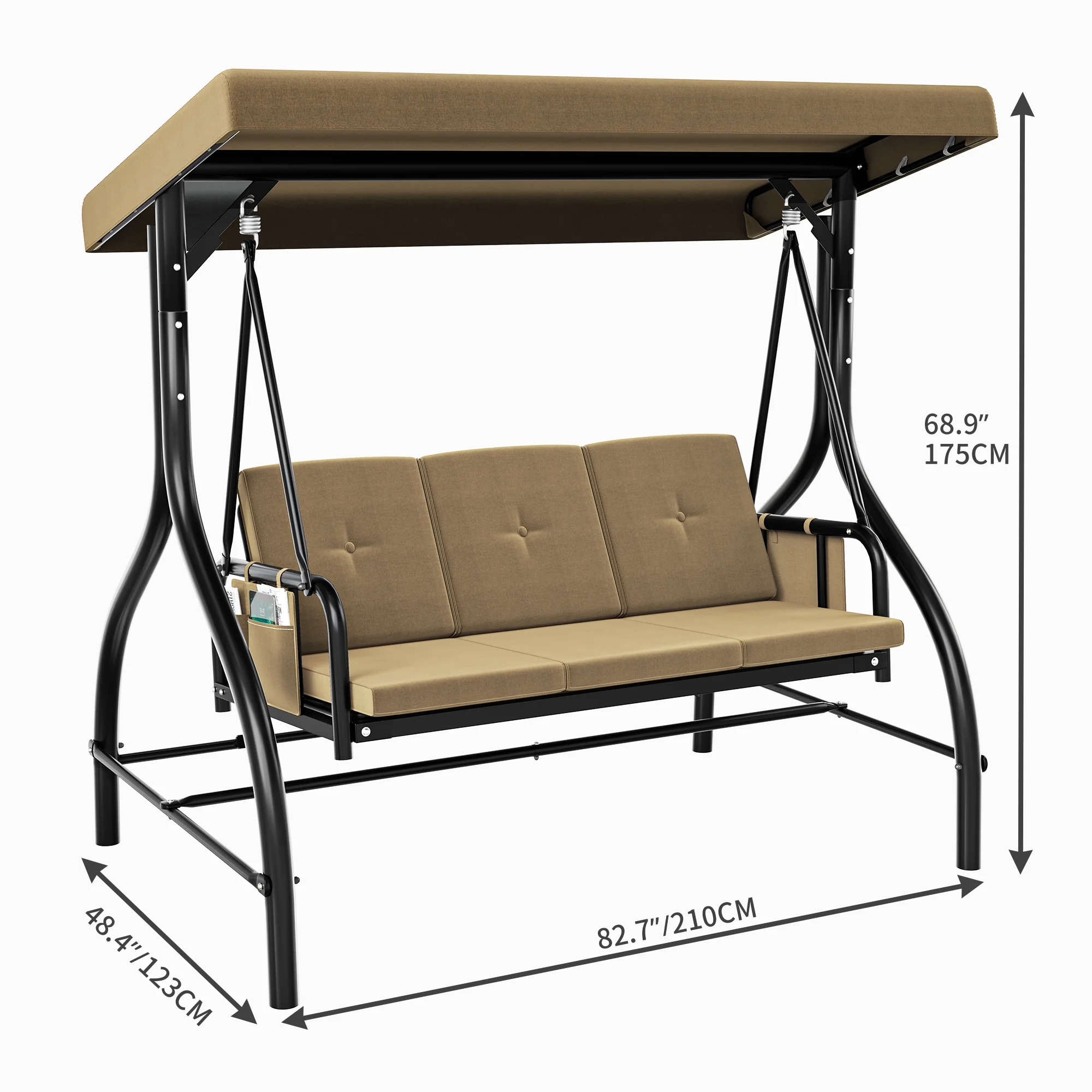 Dextrus Outdoor Patio Swing Bed for 3 People with Adjustable Canopy and Removable Cushion, Designed for Adults in Garden, Poolside or Balcony, Light Brown - Curated Treasures Market