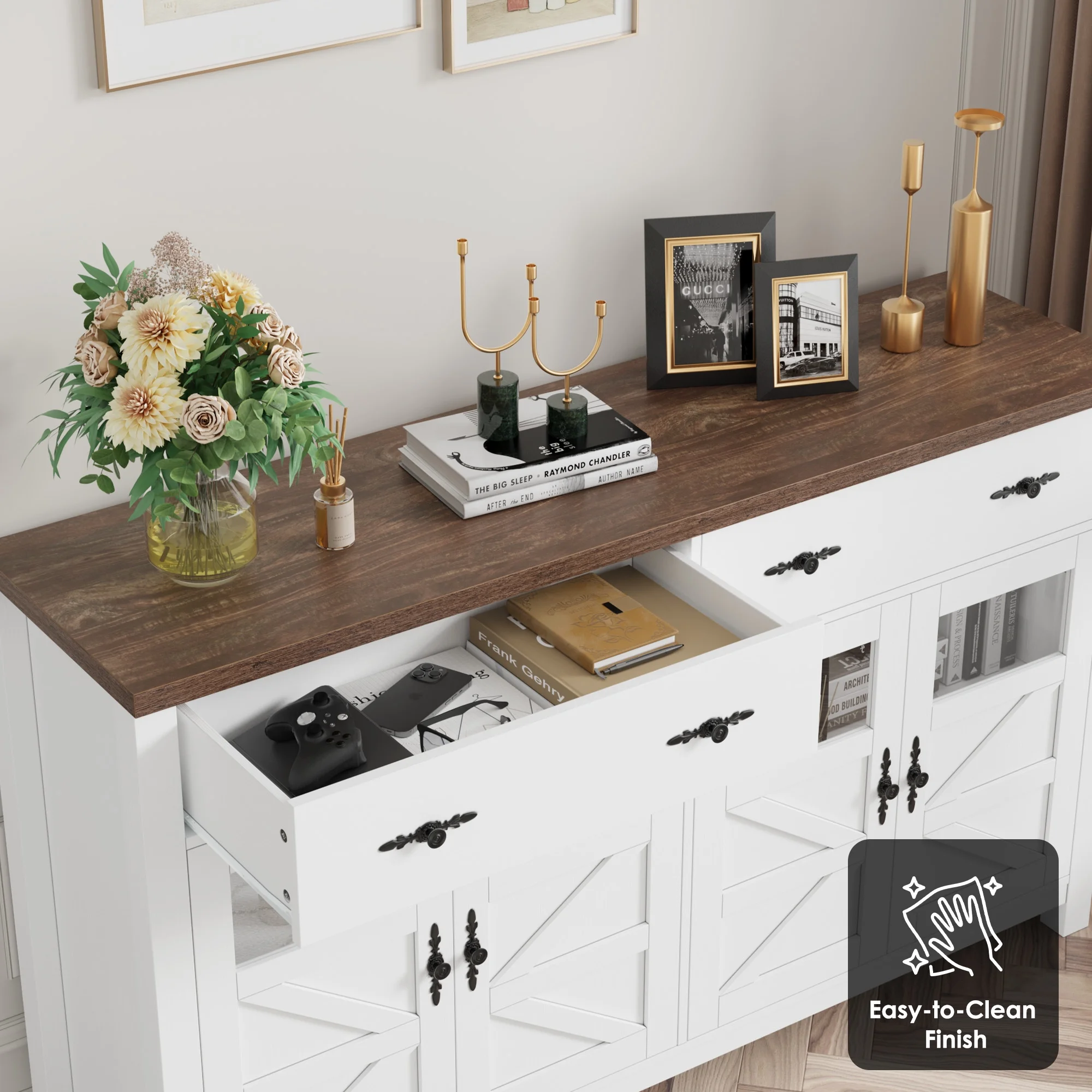 Homfa Farmhouse Kitchen Sideboard Buffet with 2 Drawer, Glass Door Wood Storage Cabinet Credenza with Adjustable Shelves, White - Curated Treasures Market