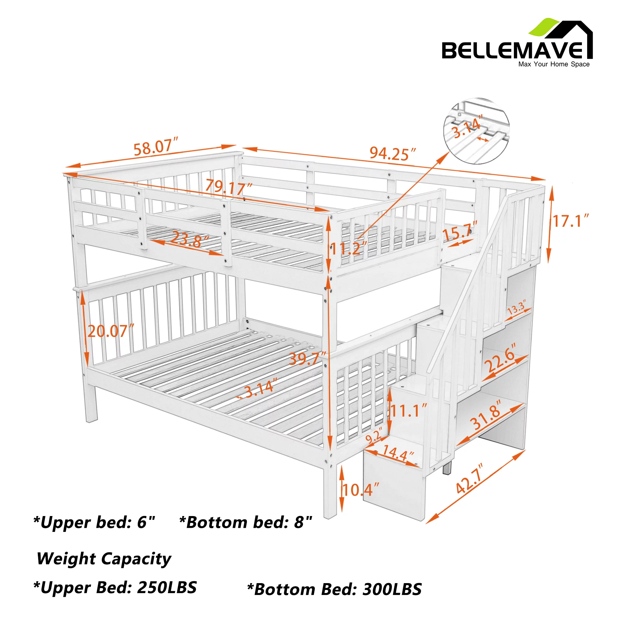 BELLEMAVE Full over Full Bunk Beds for Kids, Kids Bunk Beds with Storage Stairs and Full-Length Guardrail, Convertible Into 2 Bed, No Box Spring Needed(White) - Curated Treasures Market